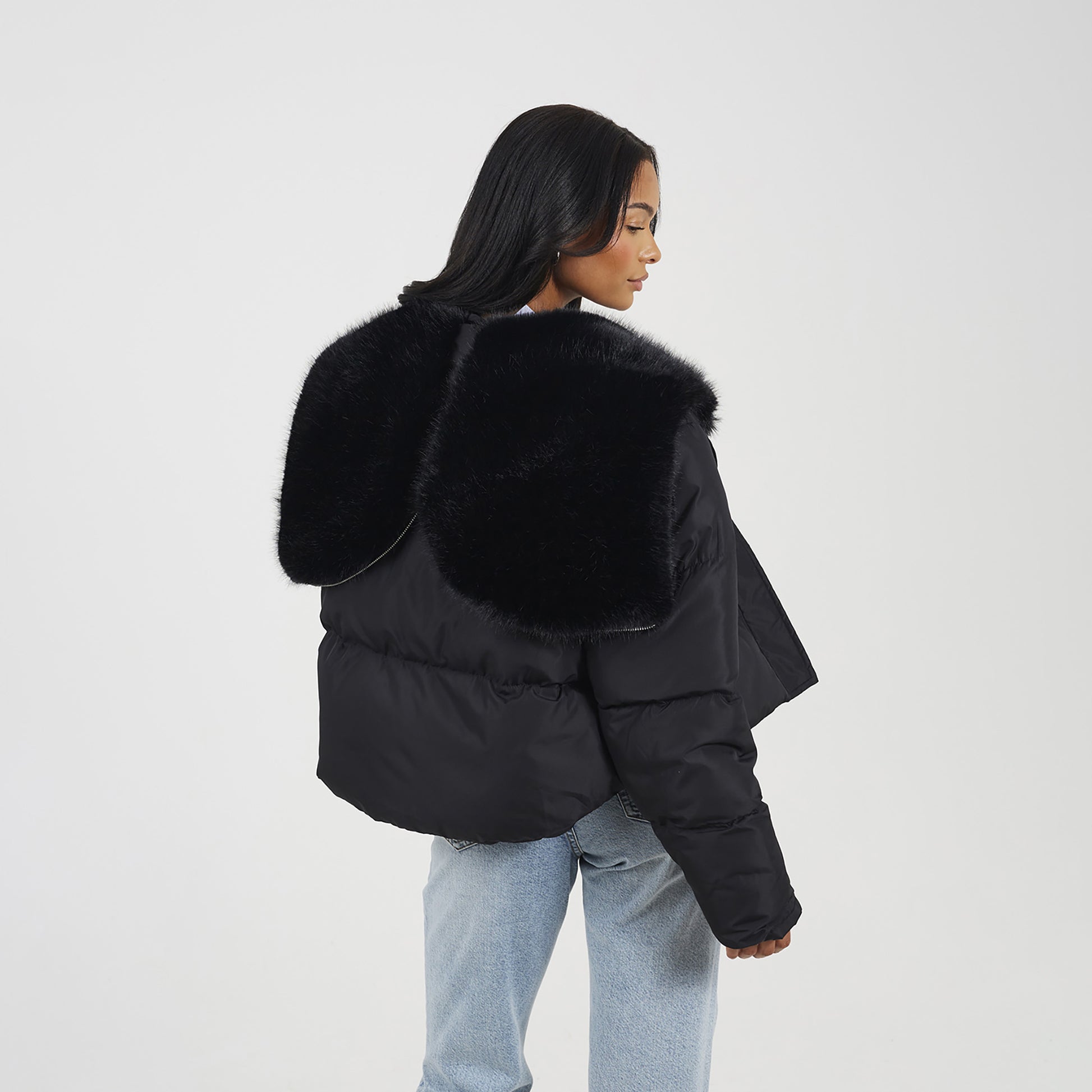 Brave Soul Black Padded Jacket With Faux Fur Hood - Black Image 2