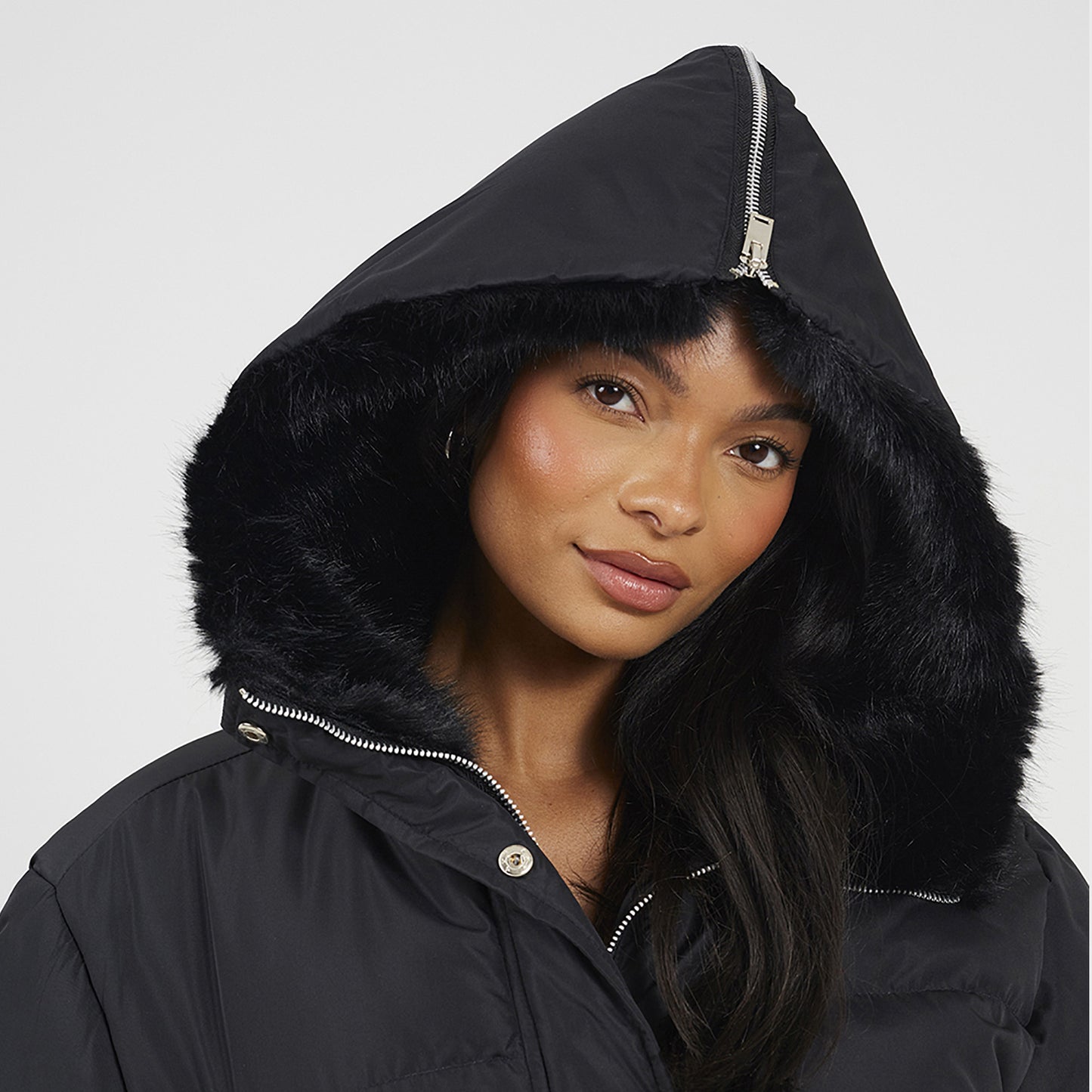 Brave Soul Black Padded Jacket With Faux Fur Hood - Black Image 4