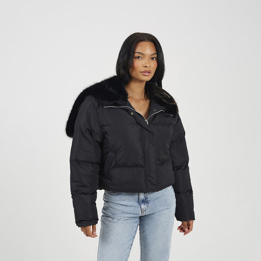 Brave Soul Black Padded Jacket With Faux Fur Hood - Black Image 1