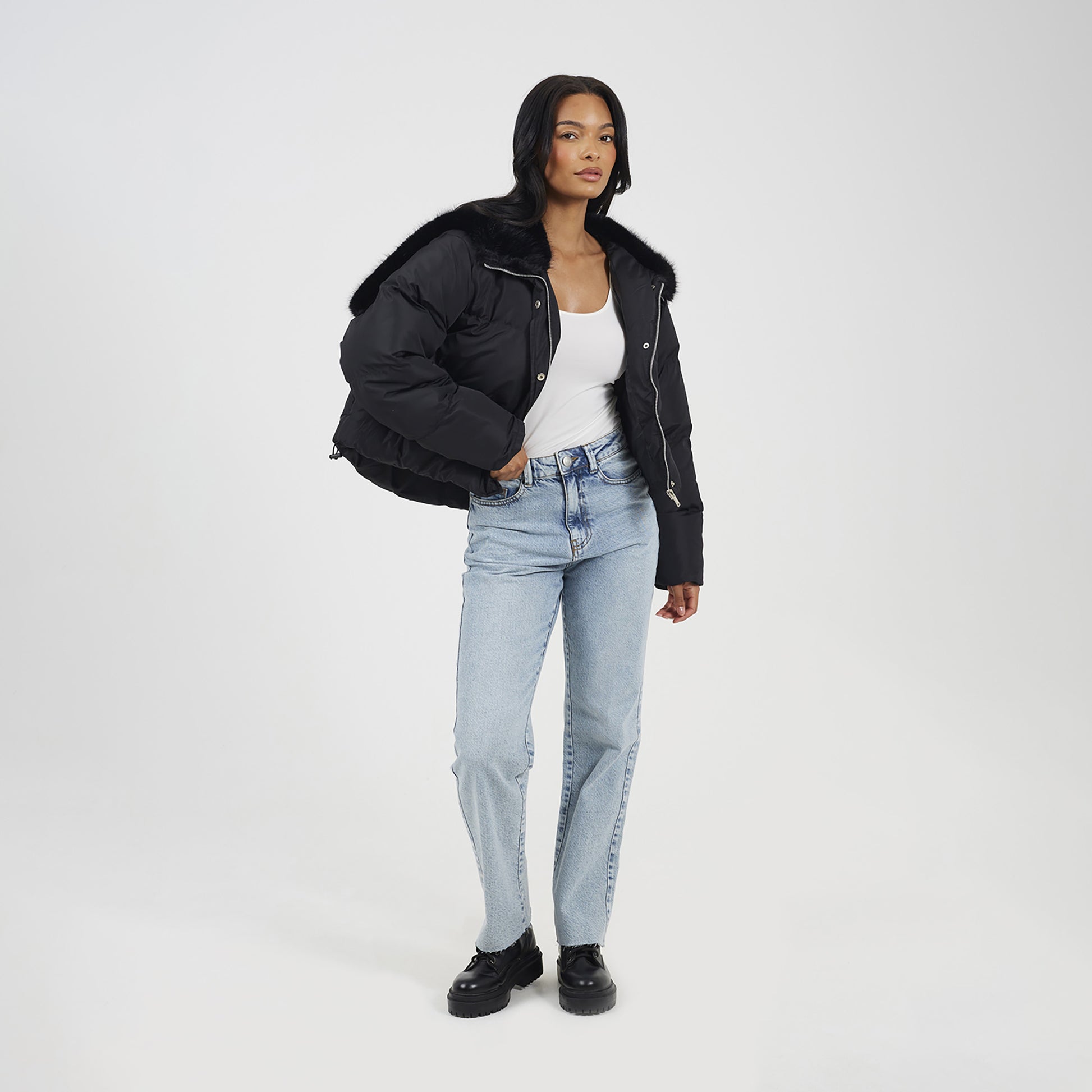 Brave Soul Black Padded Jacket With Faux Fur Hood - Black Image 3
