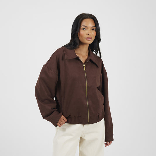 Brave Soul Chocolate Faux Suede Bomber Jacket - Chocolate Image 1