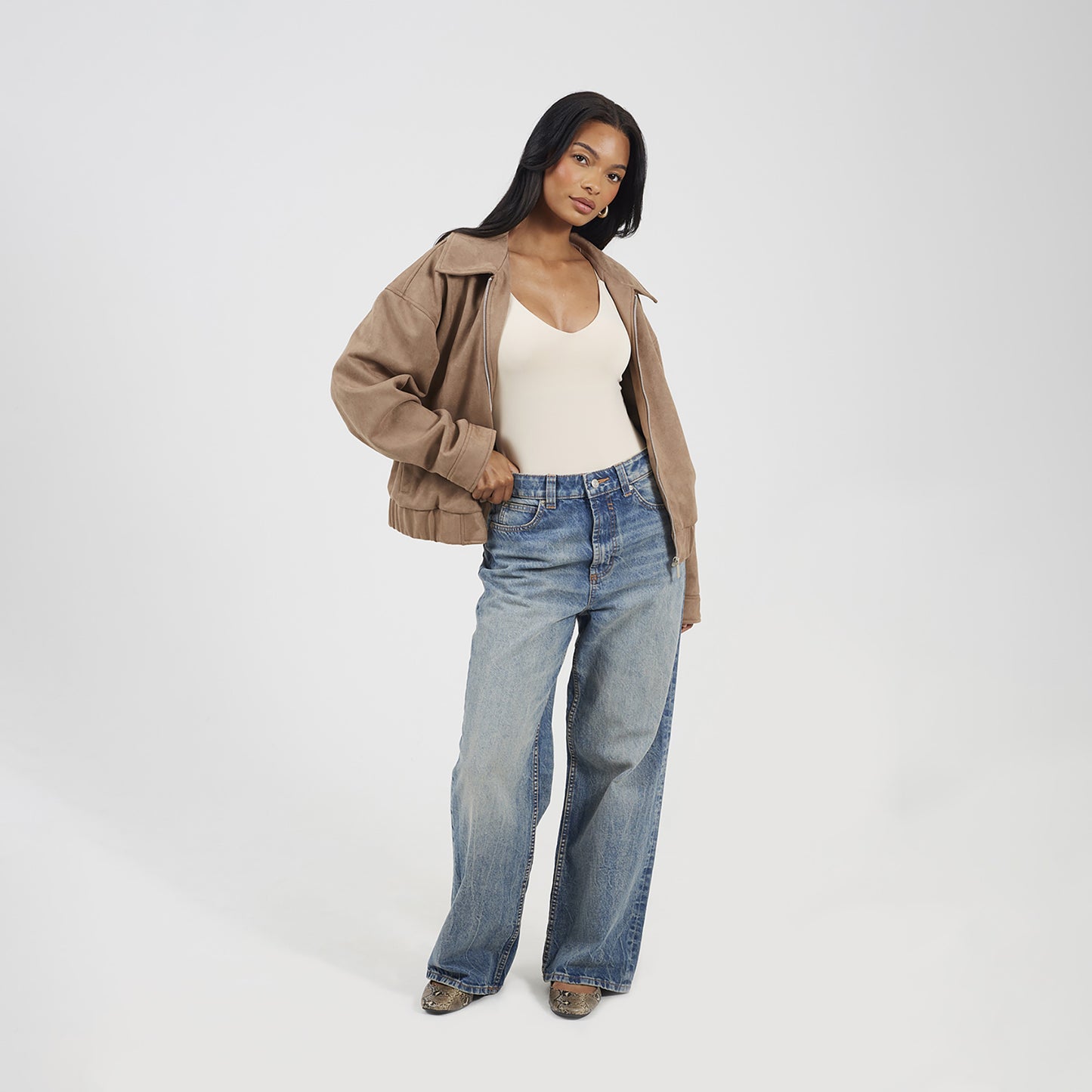 Brave Soul Taupe Faux Suede Bomber Jacket - Taupe Image 3