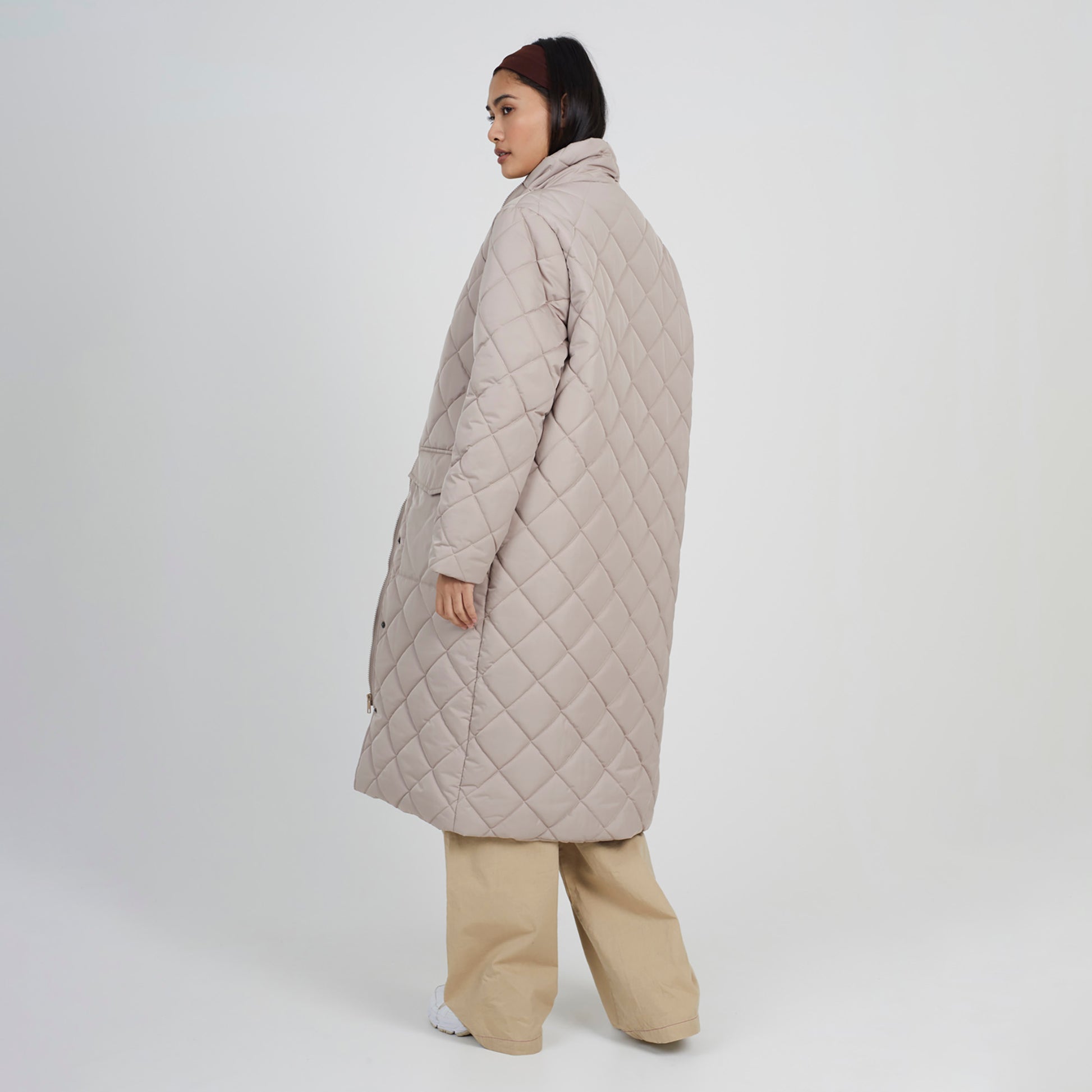 Brave Soul Stone Longline Diamond Quilted Jacket - Stone Image 2