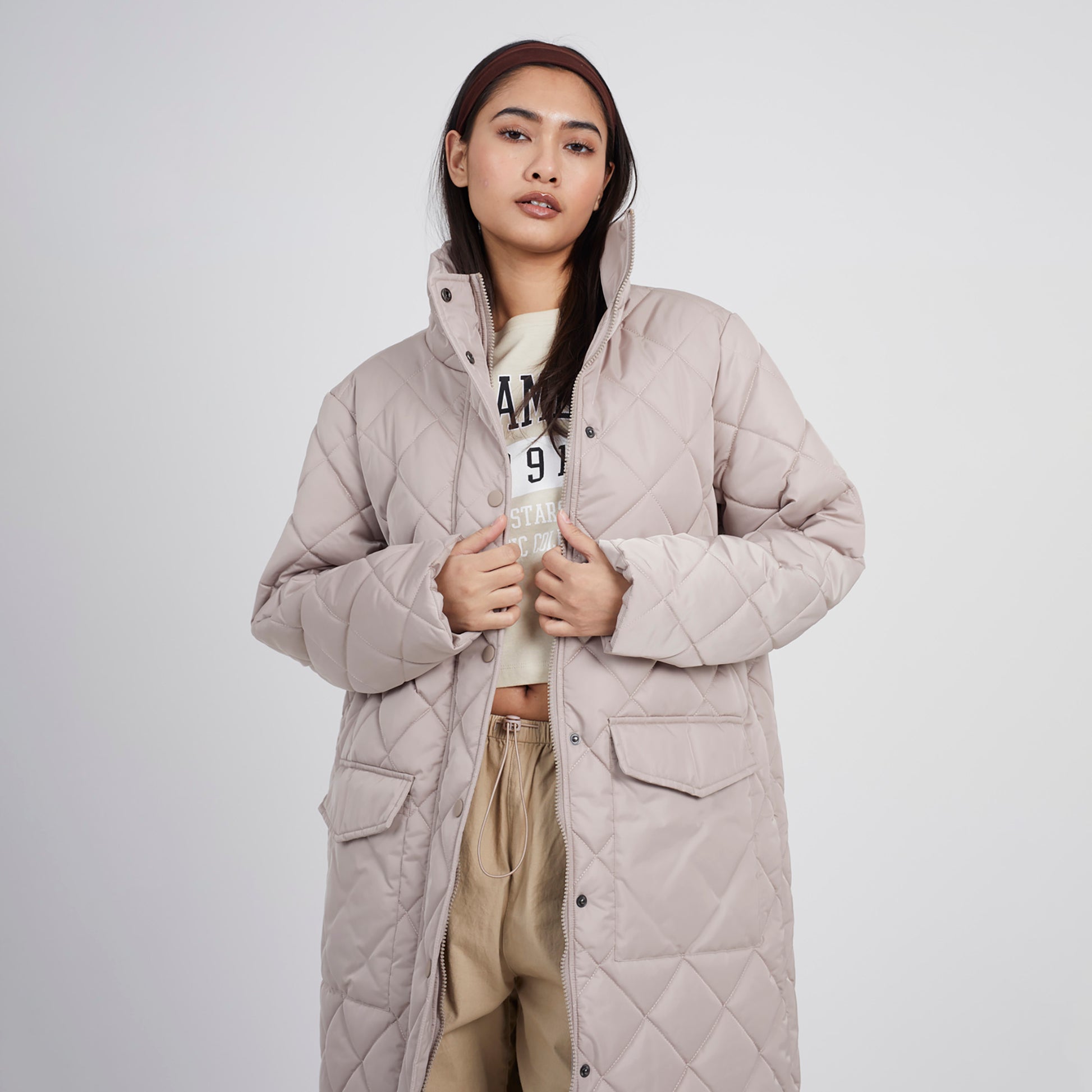 Brave Soul Stone Longline Diamond Quilted Jacket - Stone Image 3
