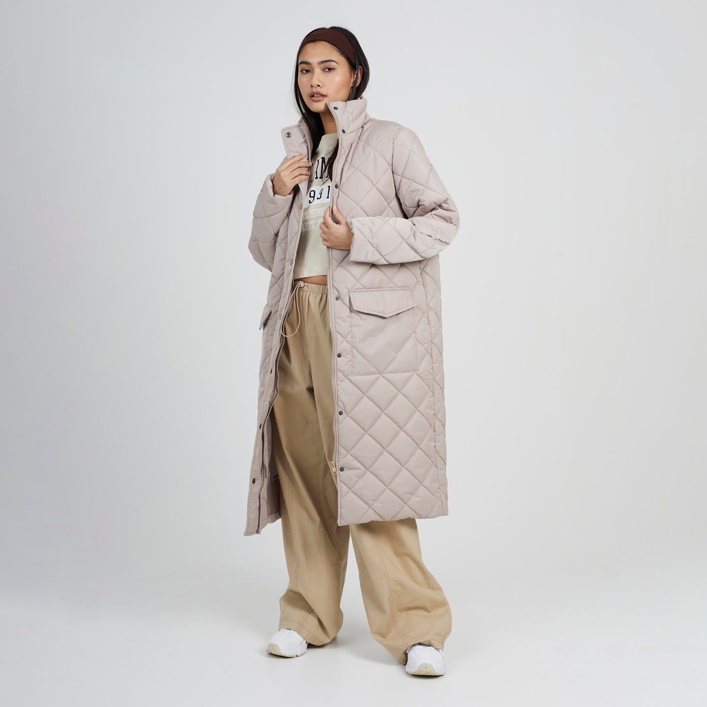 Brave Soul Stone Longline Diamond Quilted Jacket - Stone Image 1