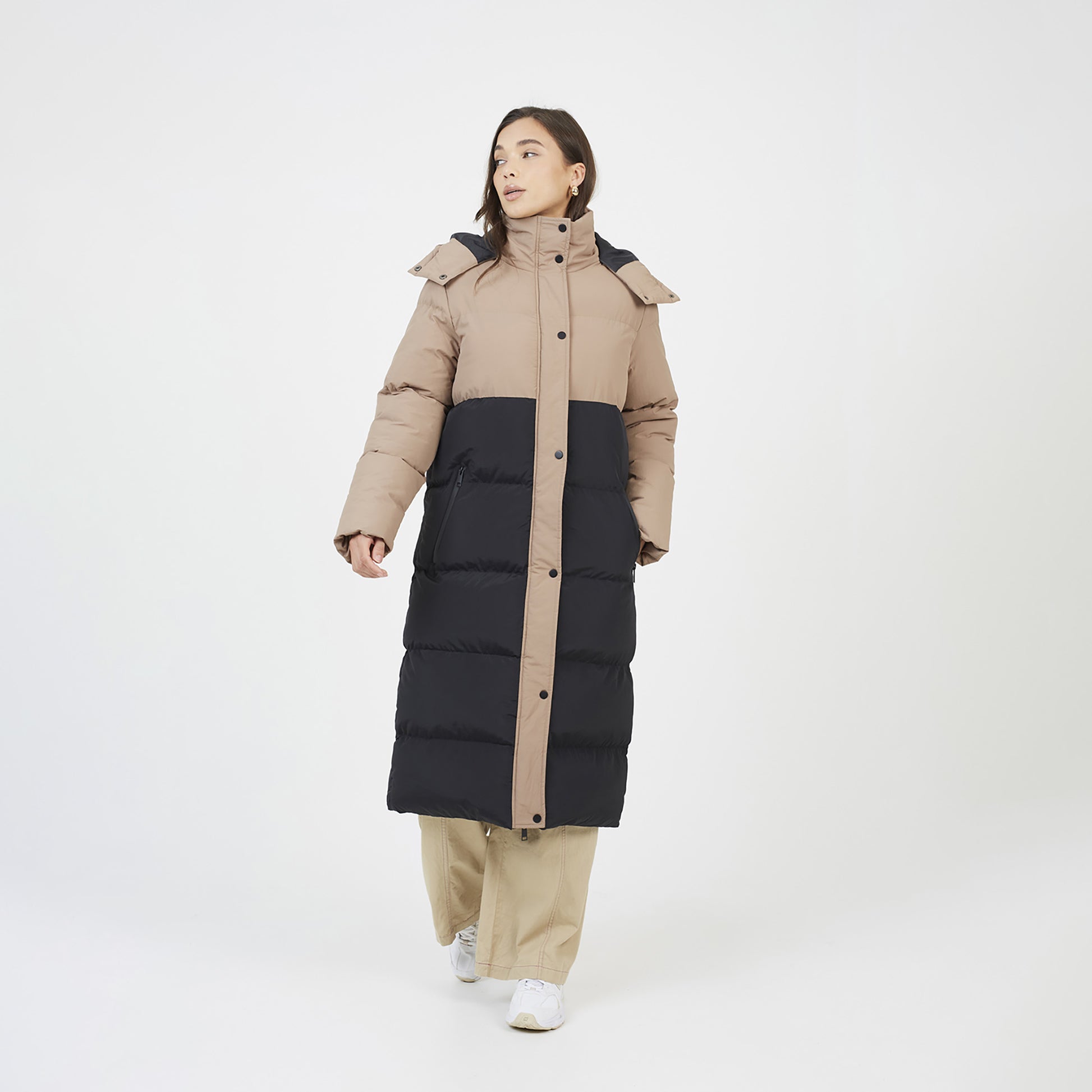 Brave Soul Tan Colourblock Maxi Hooded Puffer Jacket - Tan Image 1
