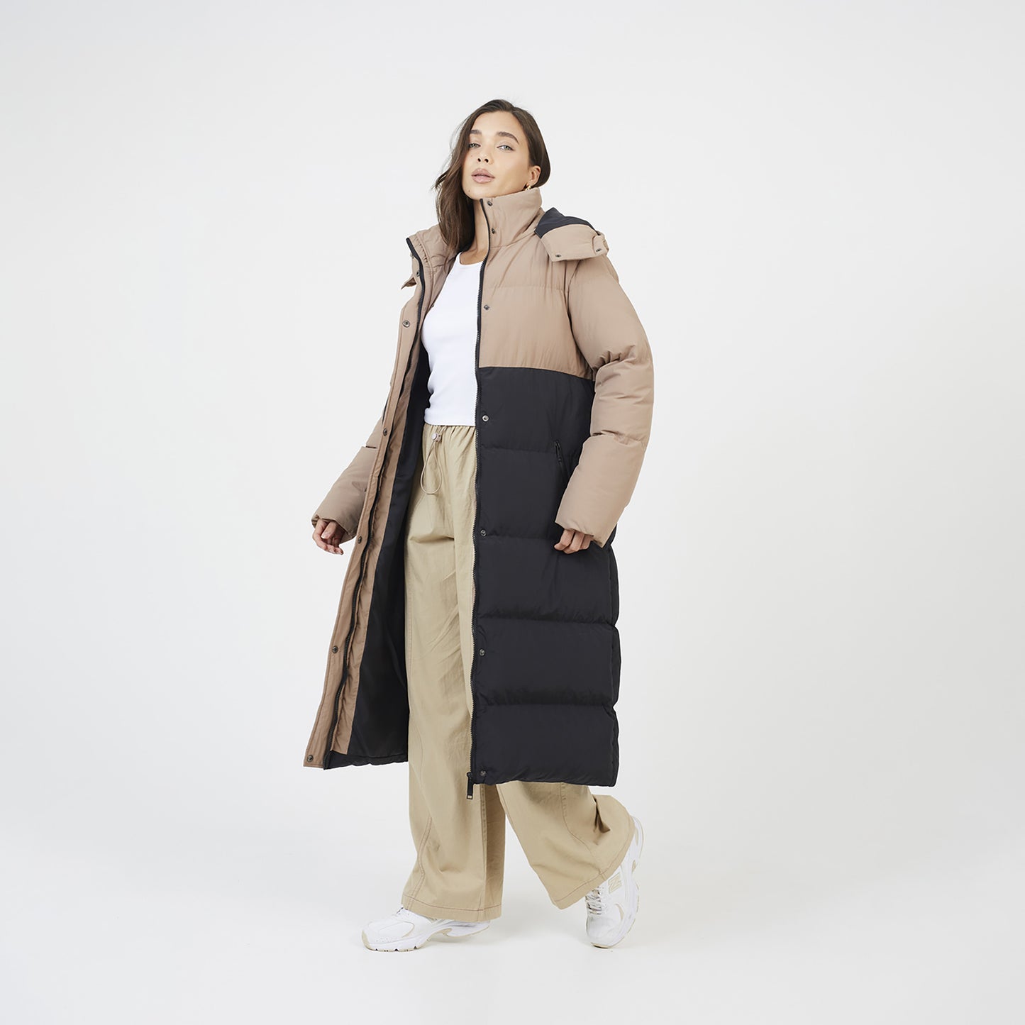 Brave Soul Tan Colourblock Maxi Hooded Puffer Jacket - Tan Image 3