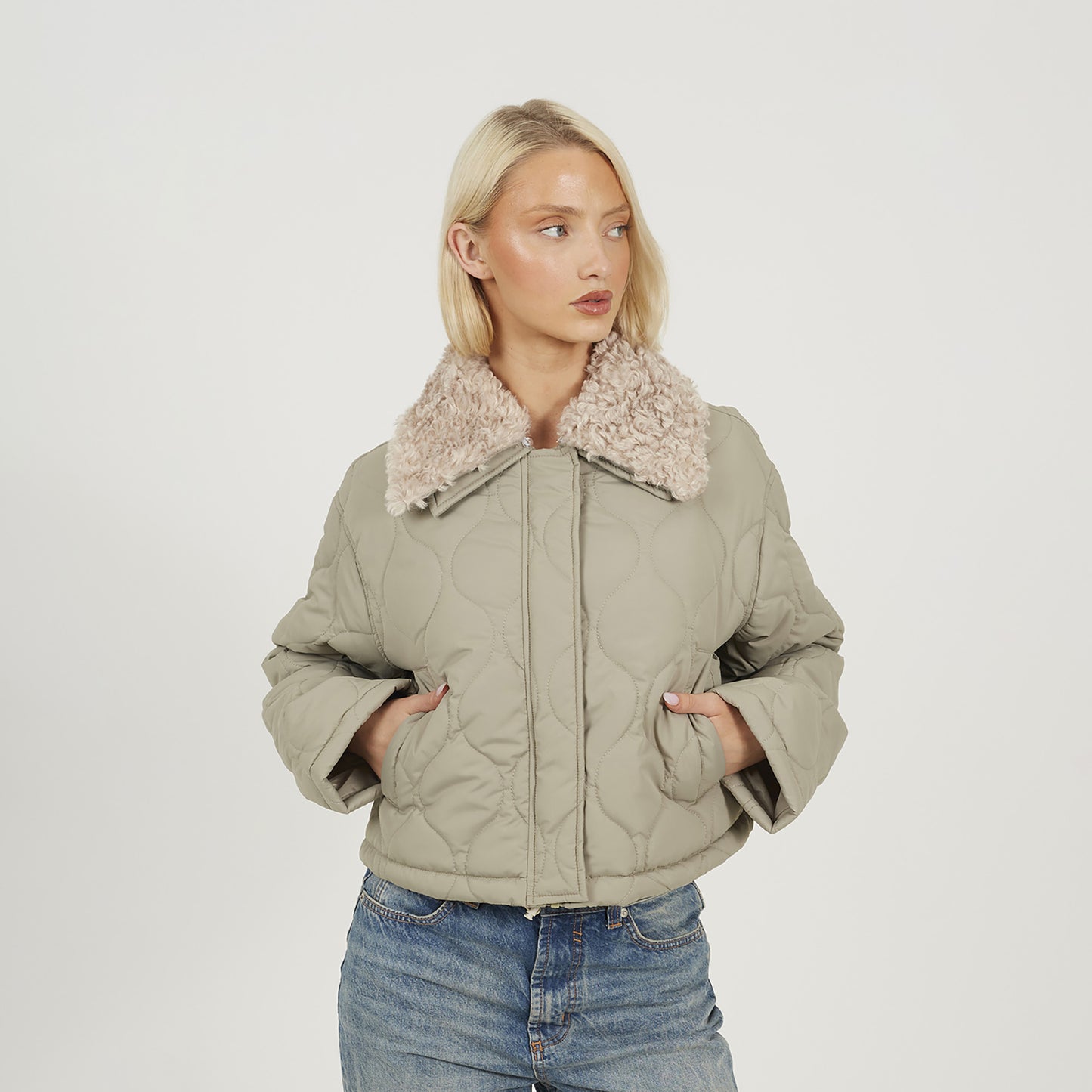 Brave Soul Pale Green Onion Qulited Jacket With Faux Fur Collar - Pale Green Image 1