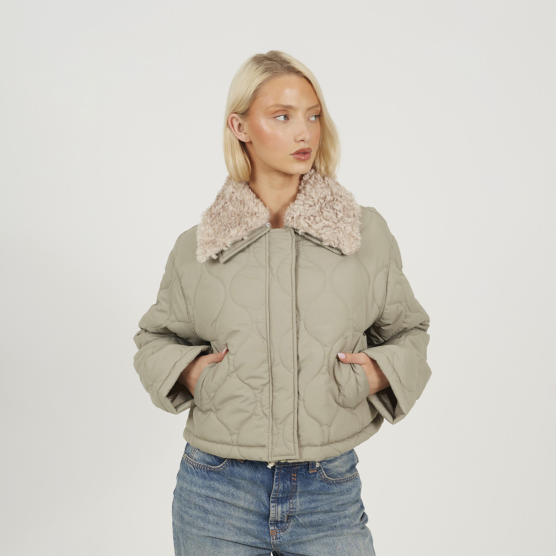 Brave Soul Pale Green Onion Qulited Jacket With Faux Fur Collar - Pale Green Image 1