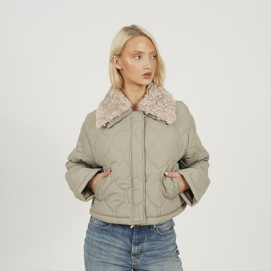 Brave Soul Pale Green Onion Qulited Jacket With Faux Fur Collar - Pale Green Image 1