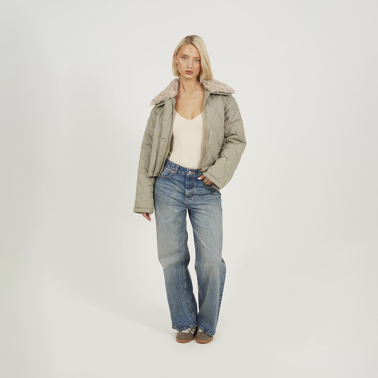 Brave Soul Pale Green Onion Qulited Jacket With Faux Fur Collar - Pale Green Image 3