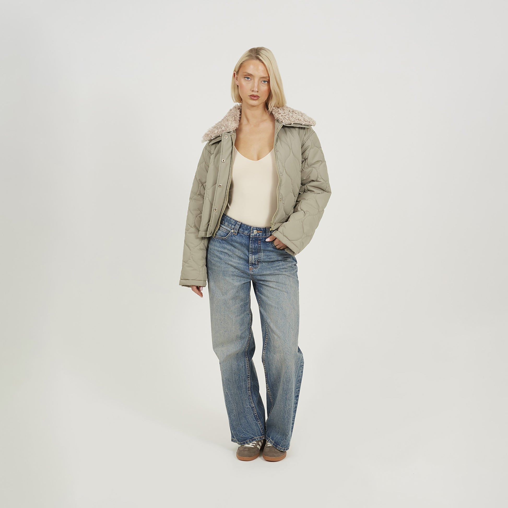Brave Soul Pale Green Onion Qulited Jacket With Faux Fur Collar - Pale Green Image 3