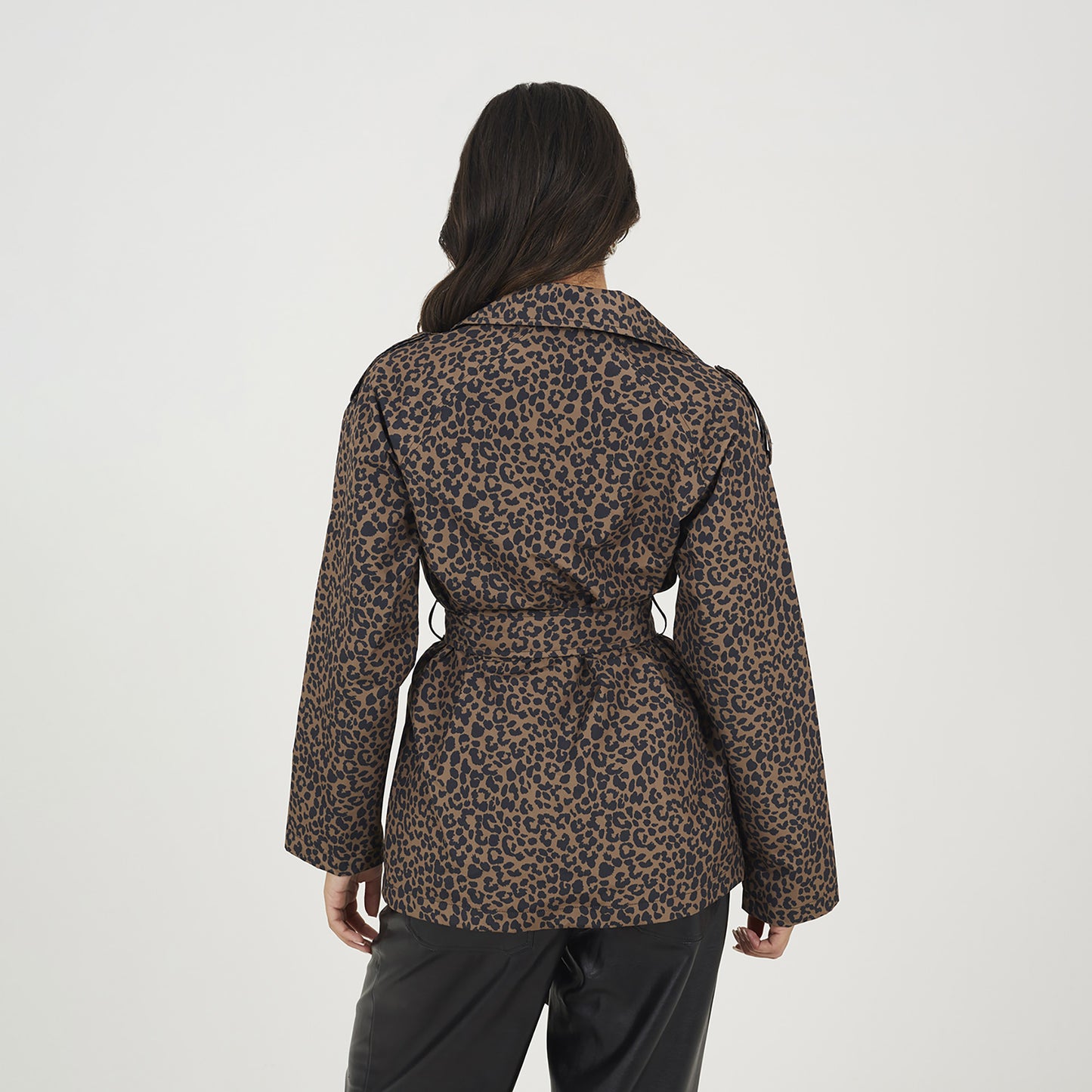 Brave Soul Brown Leopard Double Breasted Short Mac with Self Tie Belt - Brown Image 2