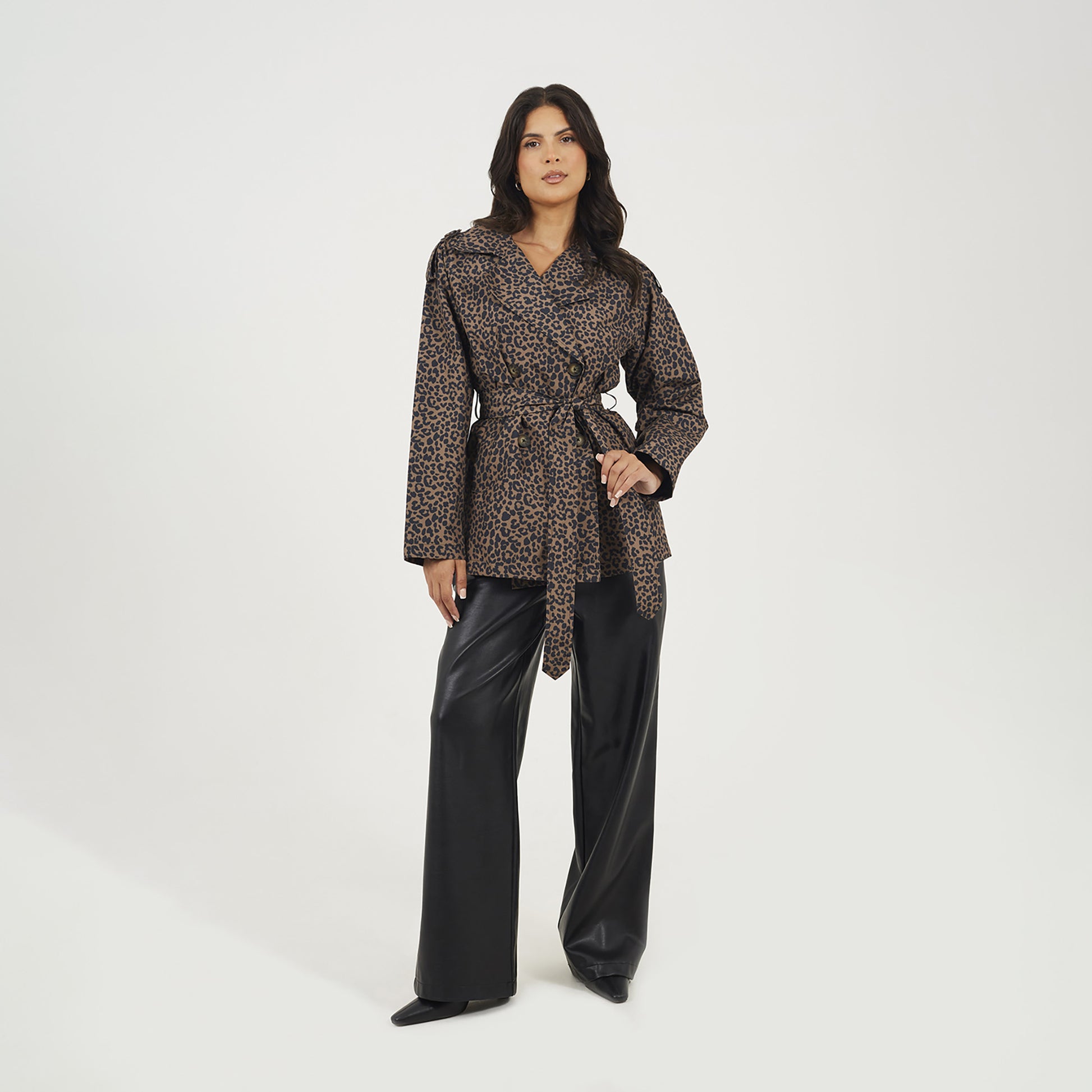 Brave Soul Brown Leopard Double Breasted Short Mac with Self Tie Belt - Brown Image 3