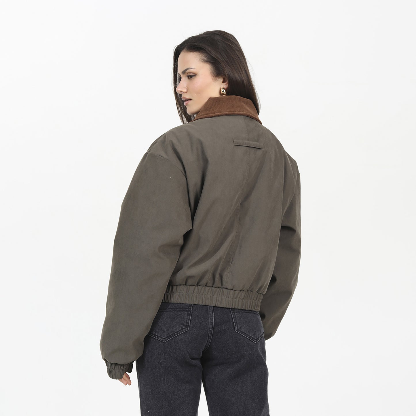 Brave Soul Khaki Twill Bomber Style Jacket with Cord Collar - Khaki Image 2