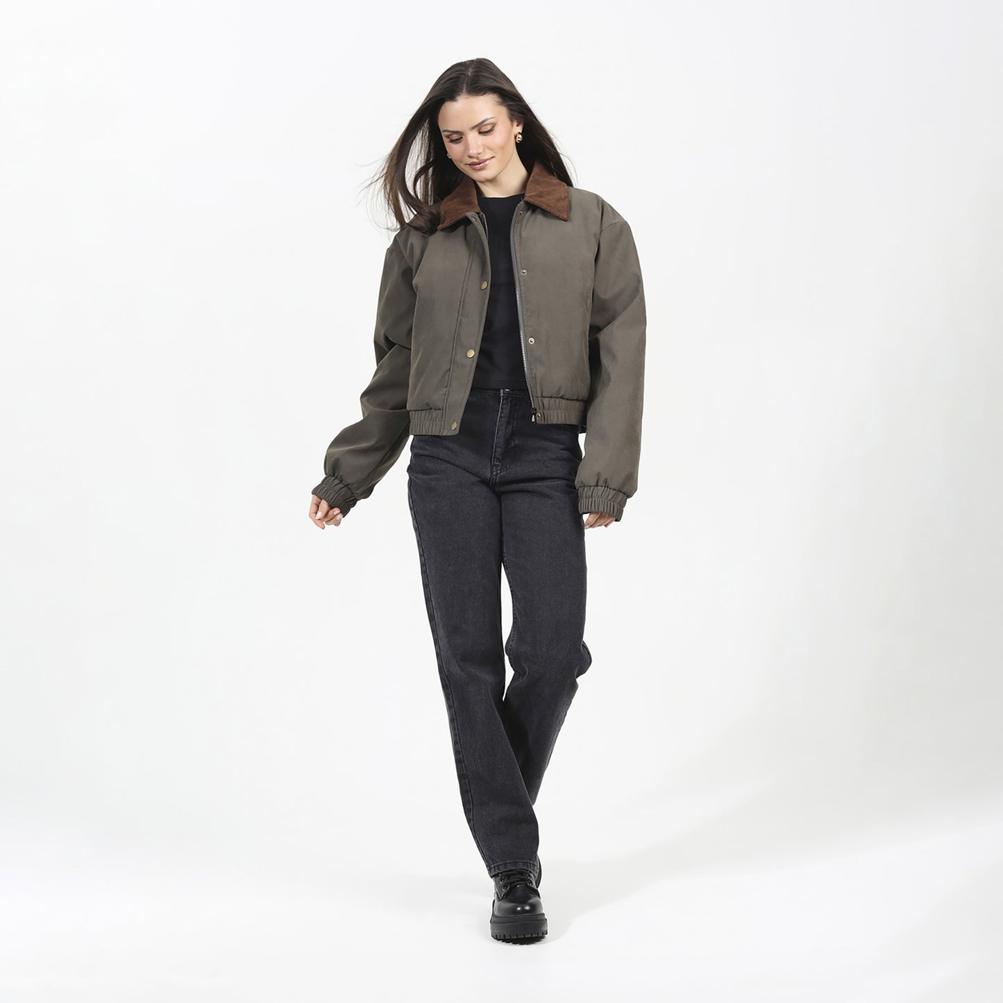 Brave Soul Khaki Twill Bomber Style Jacket with Cord Collar - Khaki Image 3