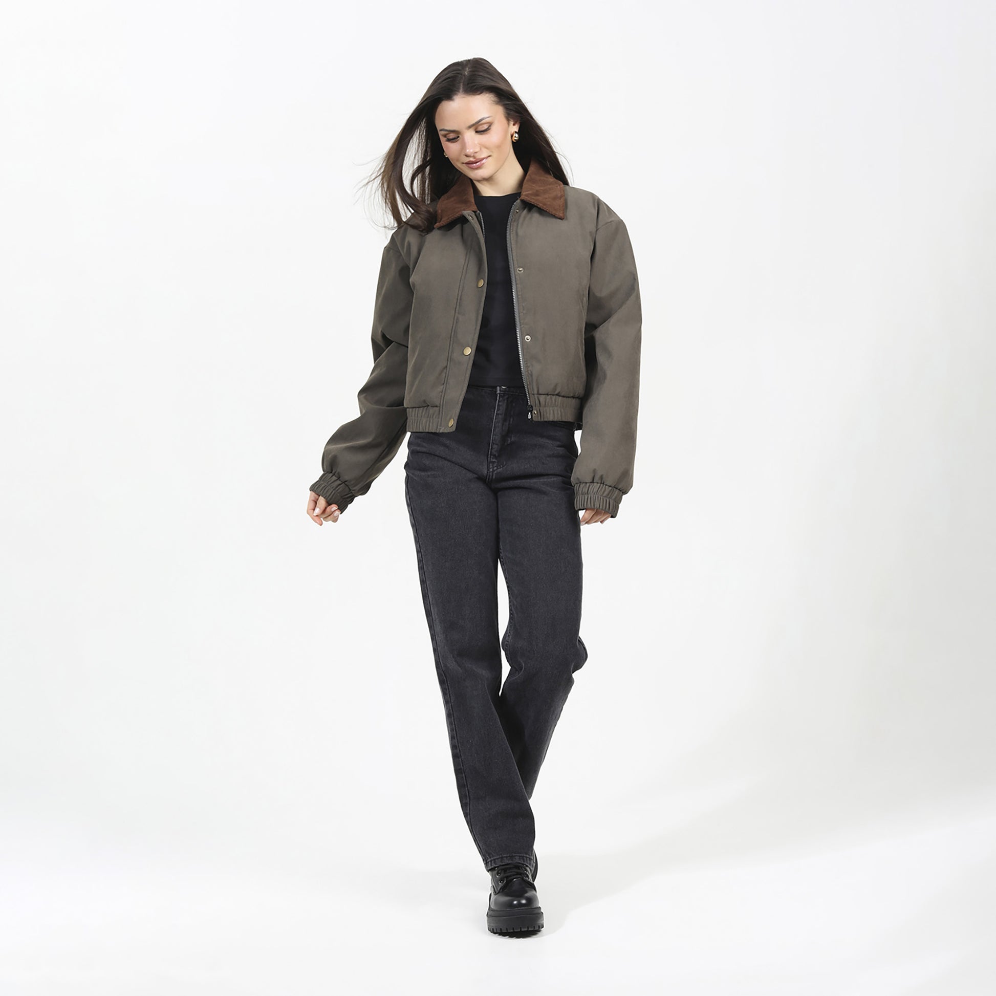 Brave Soul Khaki Twill Bomber Style Jacket with Cord Collar - Khaki Image 3