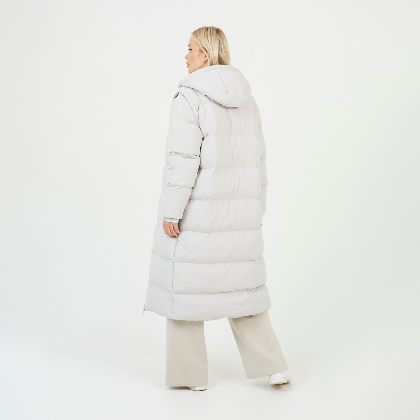 Brave Soul Cream Maxi Hooded Puffer Jacket with Detachable Sleeves - Cream Image 2