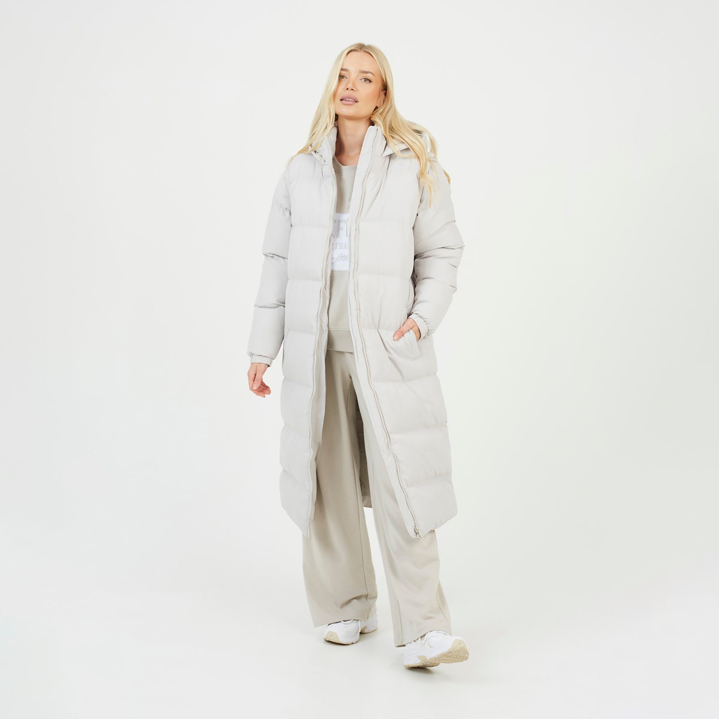 Brave Soul Cream Maxi Hooded Puffer Jacket with Detachable Sleeves - Cream Image 1