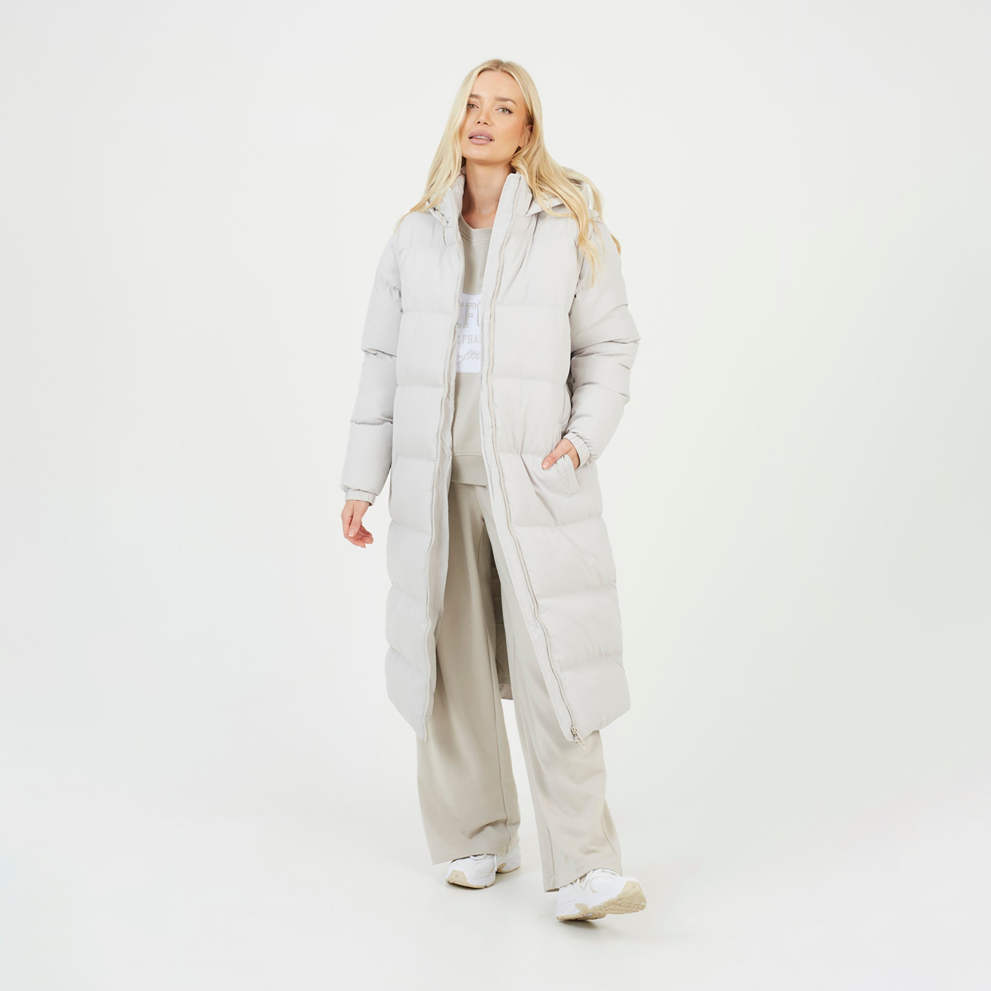 Brave Soul Cream Maxi Hooded Puffer Jacket with Detachable Sleeves - Cream Image 1