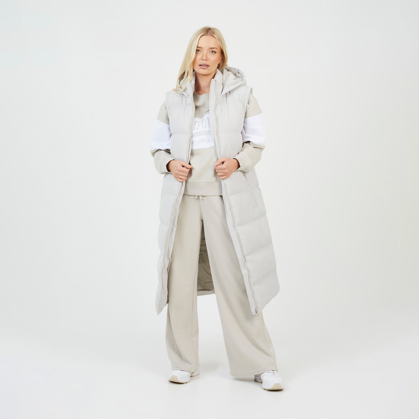 Brave Soul Cream Maxi Hooded Puffer Jacket with Detachable Sleeves - Cream Image 3