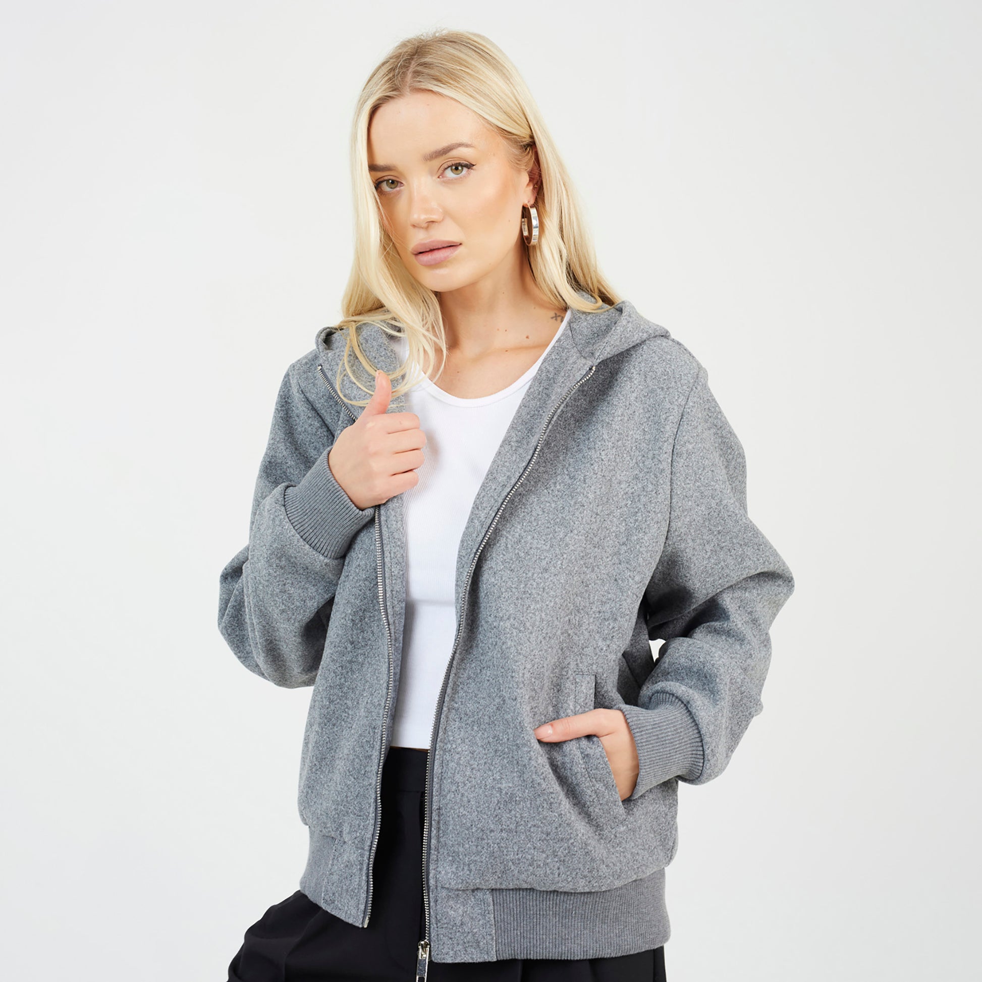 Brave Soul Grey Faux Wool Hooded Bomber Jacket - Grey Image 4