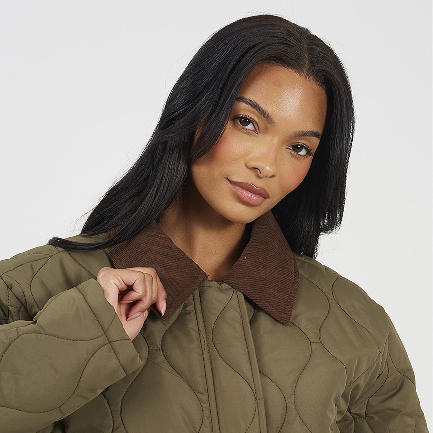 Brave Soul Khaki Onion Quilted Jacket With Corduroy Collar - Khaki Image 4