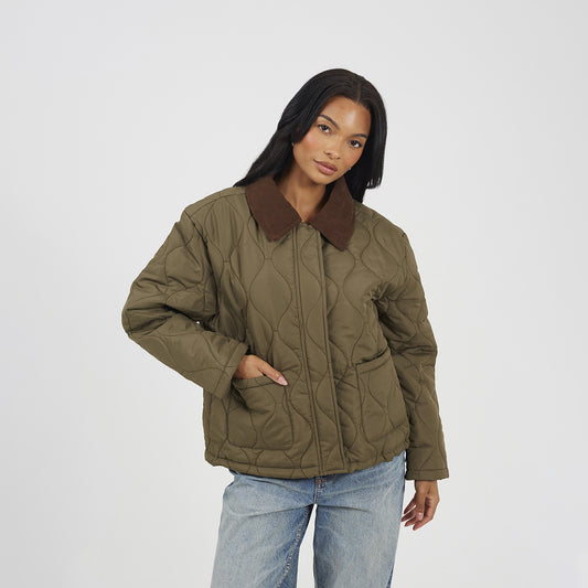 Brave Soul Khaki Onion Quilted Jacket With Corduroy Collar - Khaki Image 1