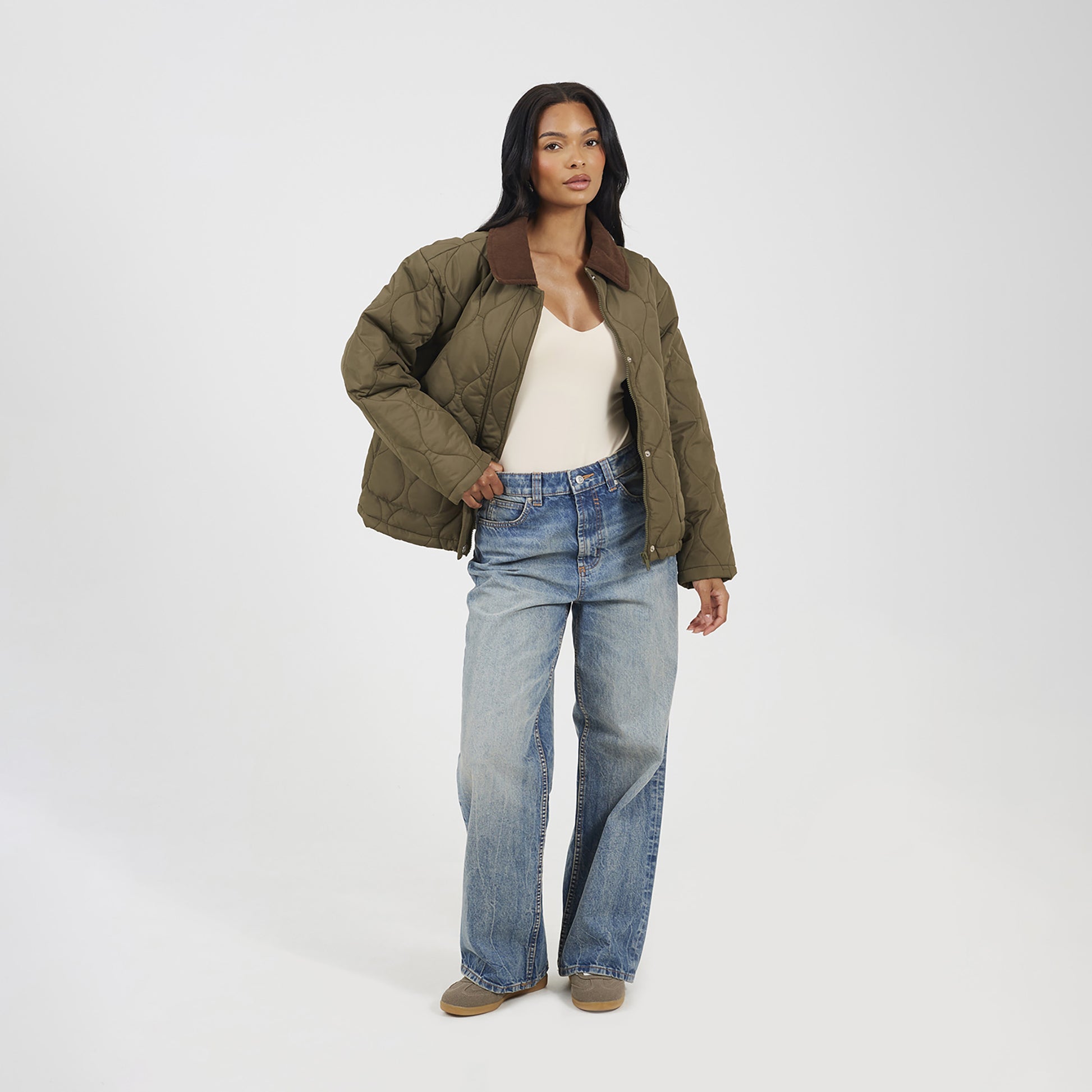 Brave Soul Khaki Onion Quilted Jacket With Corduroy Collar - Khaki Image 3