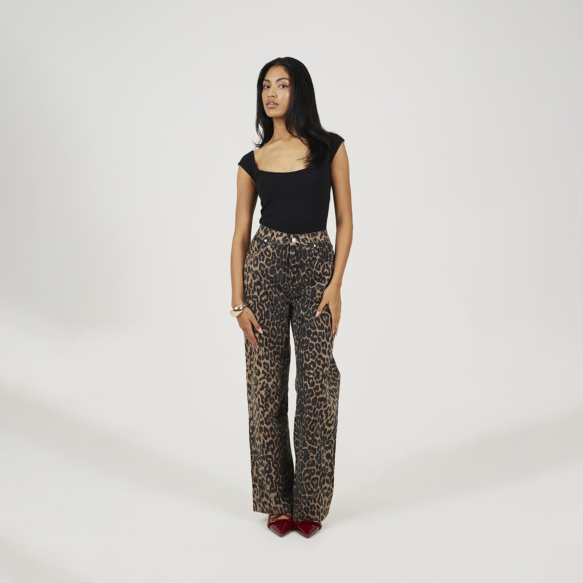 Brave Soul Brown Leopard Print Wide Leg Jeans - Brown Image 3