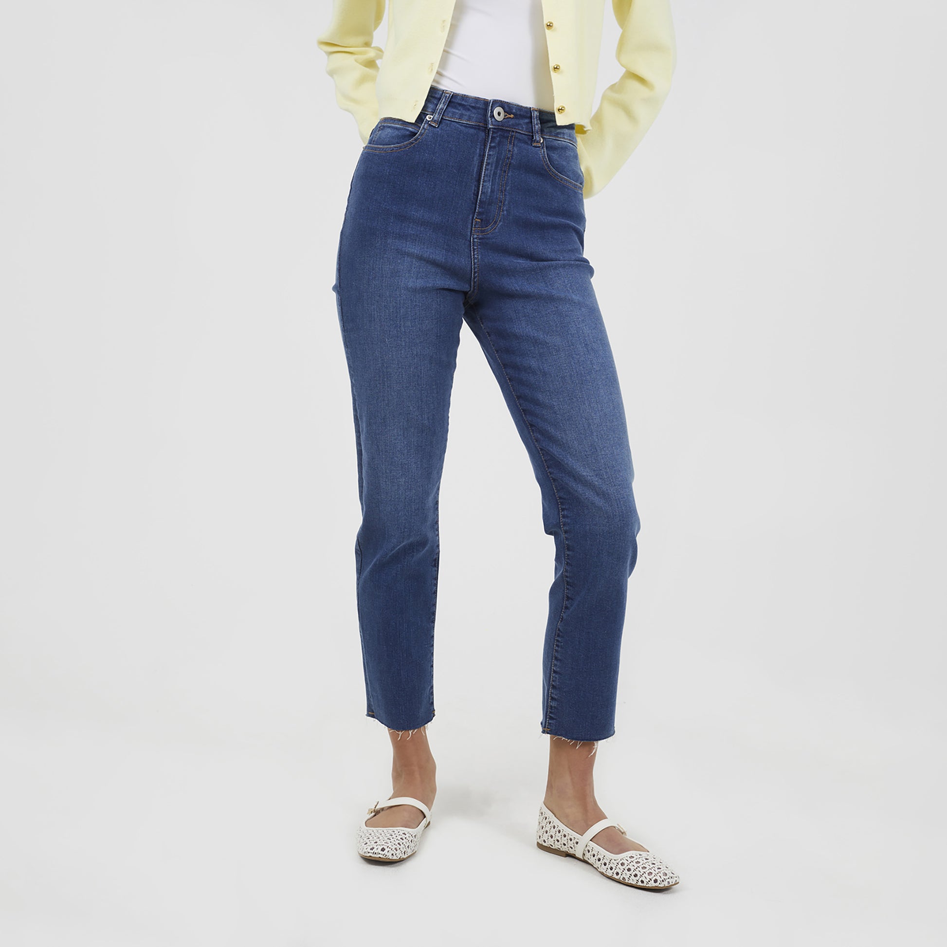 Brave Soul Mid Blue High Waist Raw Hem Mom Jeans - Mid Blue Image 1
