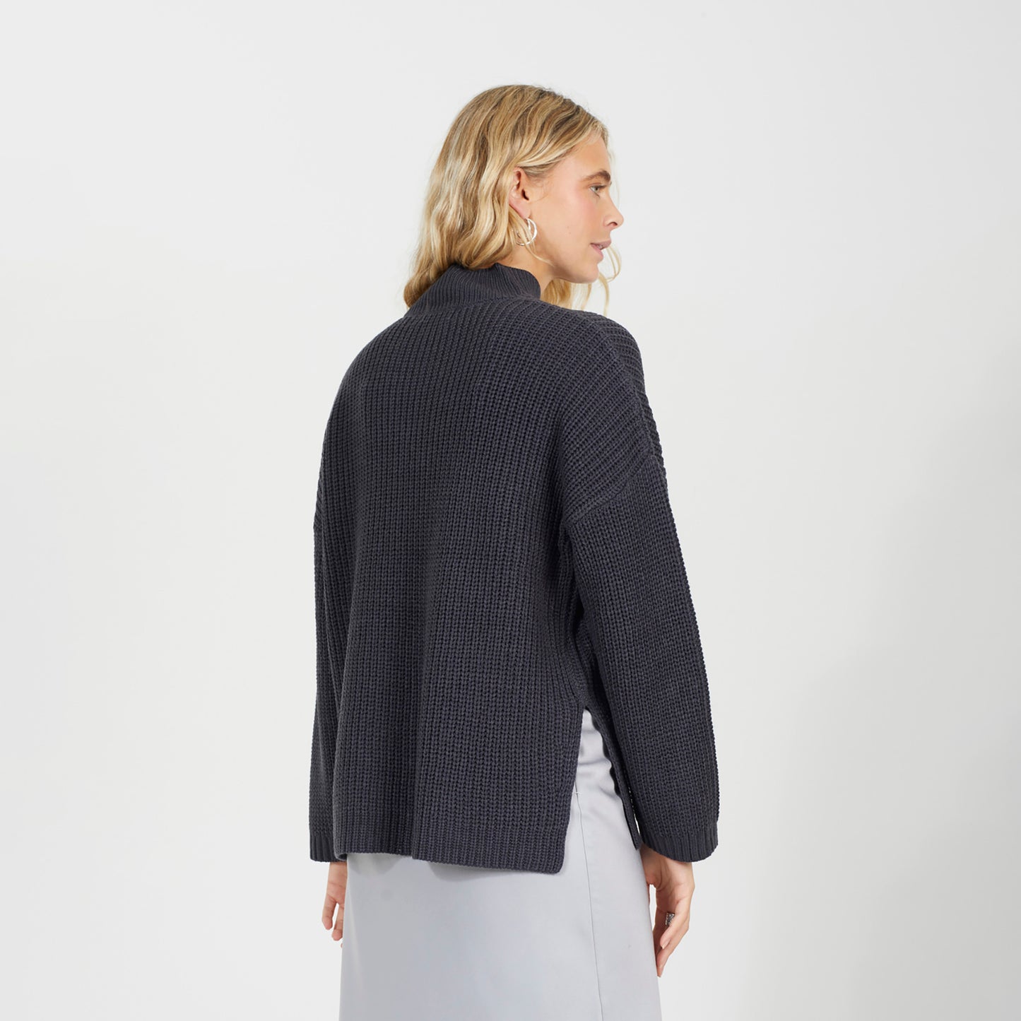 Brave Soul Charcoal Fisherman Knit Funnel Neck Jumper - Charcoal Image 2
