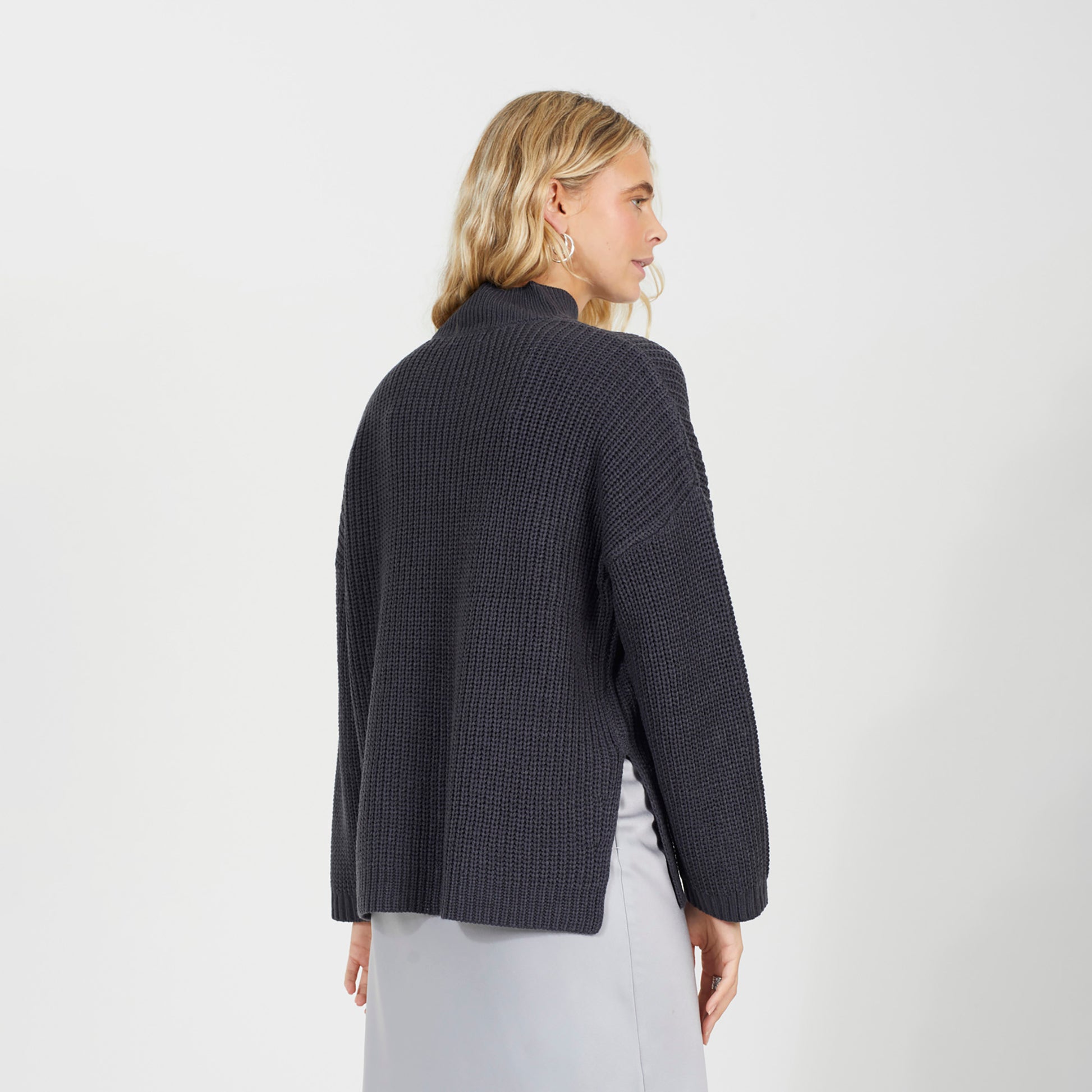 Brave Soul Charcoal Fisherman Knit Funnel Neck Jumper - Charcoal Image 2