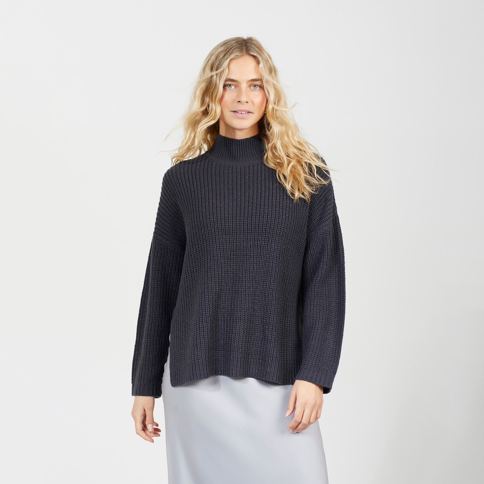 Brave Soul Charcoal Fisherman Knit Funnel Neck Jumper - Charcoal Image 1
