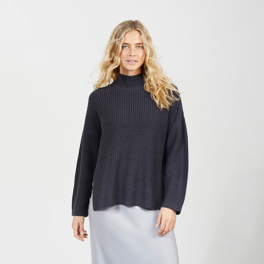 Brave Soul Charcoal Fisherman Knit Funnel Neck Jumper - Charcoal Image 1