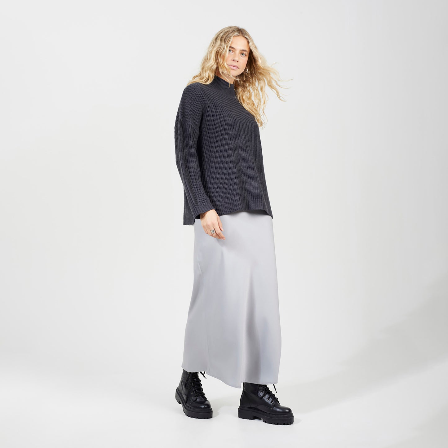 Brave Soul Charcoal Fisherman Knit Funnel Neck Jumper - Charcoal Image 3