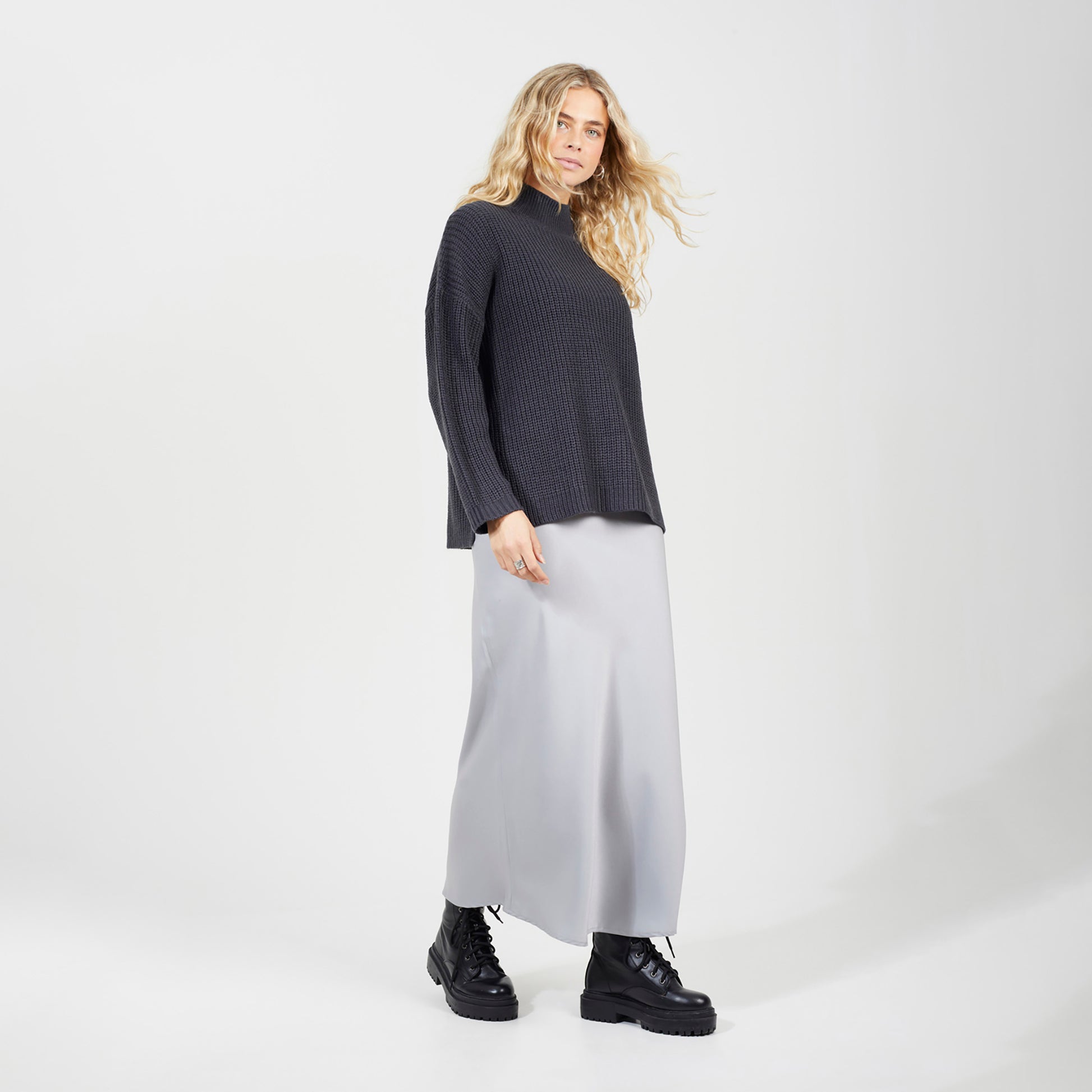 Brave Soul Charcoal Fisherman Knit Funnel Neck Jumper - Charcoal Image 3
