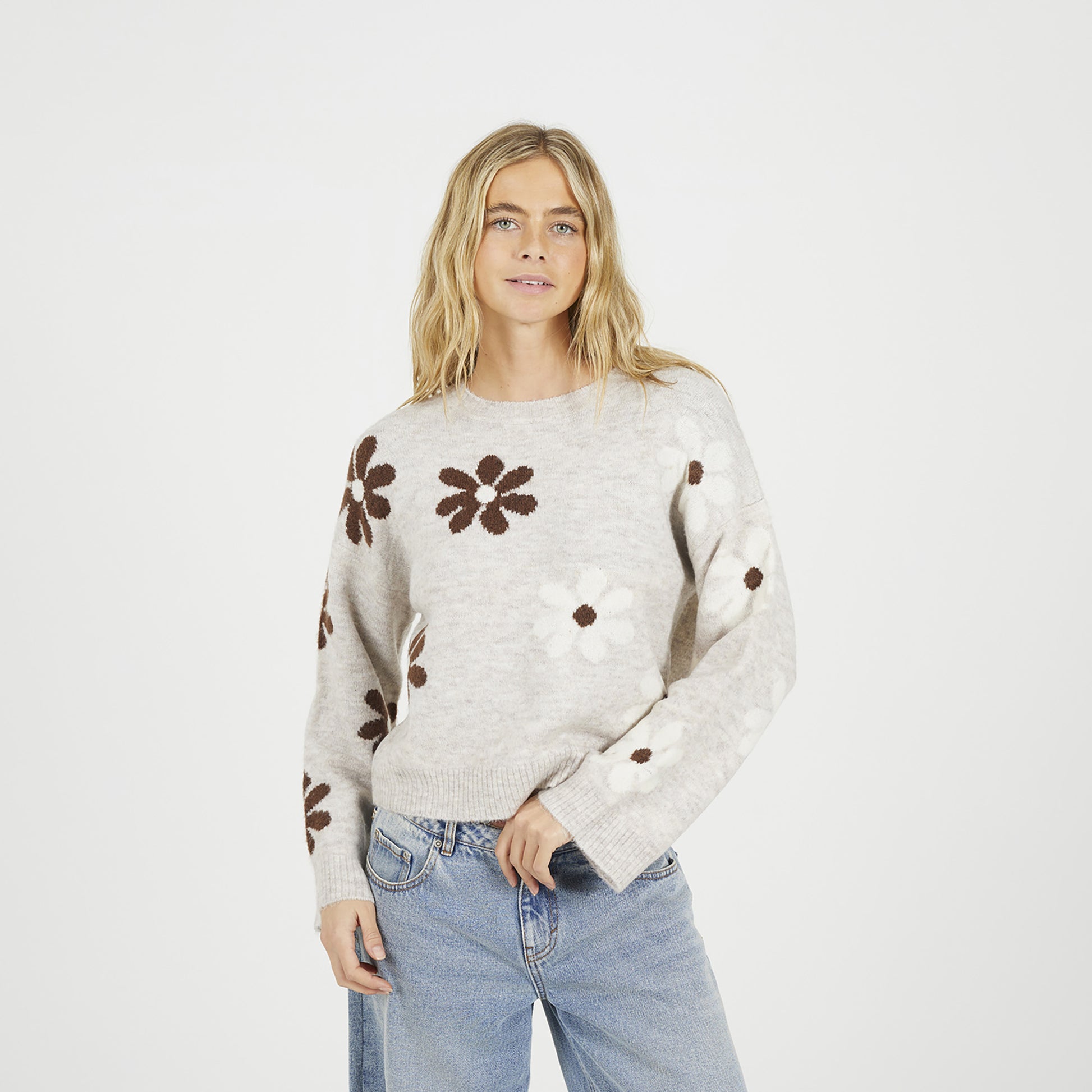 Brave Soul Taupe Floral Jacquard Knit Jumper - Taupe Image 1