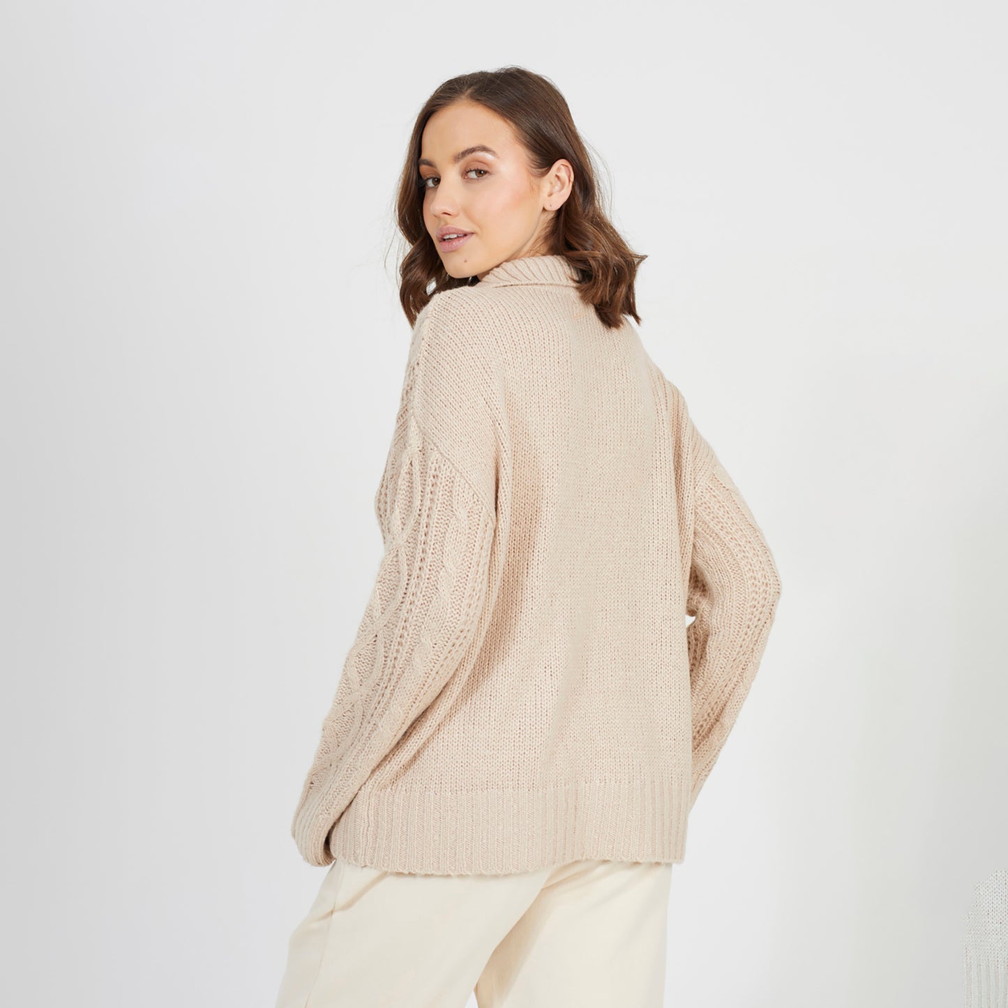 Brave Soul Stone V-Neck Cable Knit Jumper - Stone Image 2