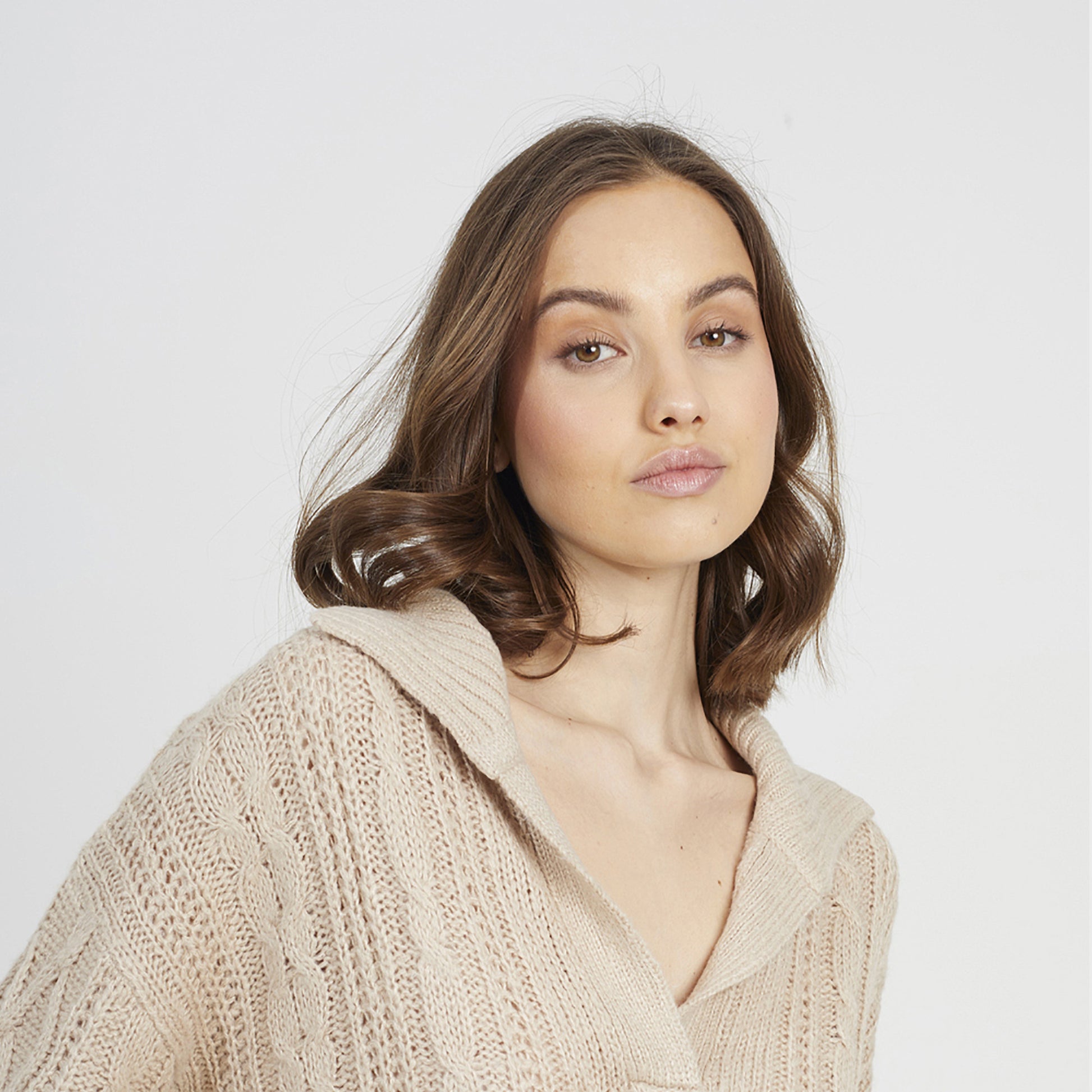 Brave Soul Stone V-Neck Cable Knit Jumper - Stone Image 4