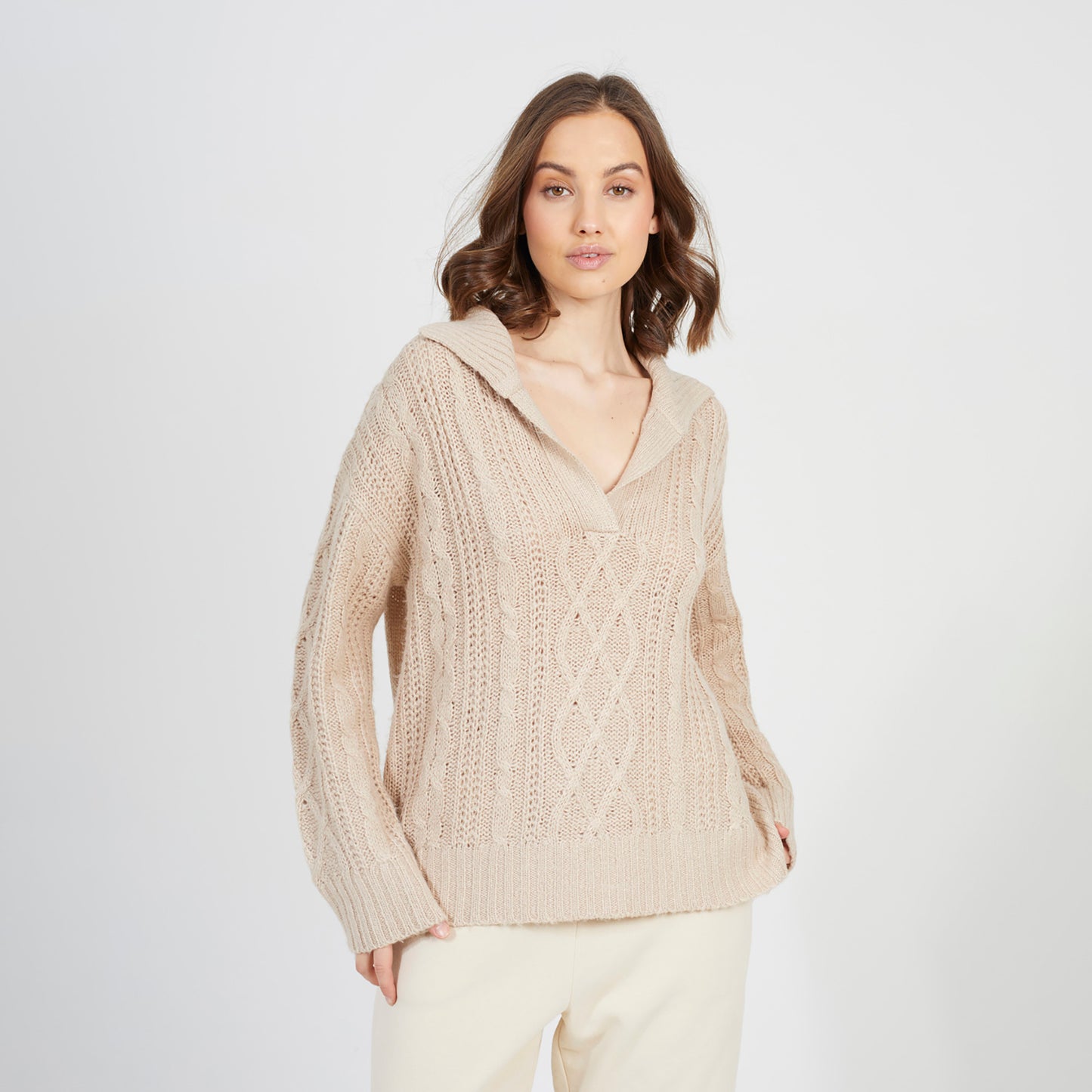 Brave Soul Stone V-Neck Cable Knit Jumper - Stone Image 1