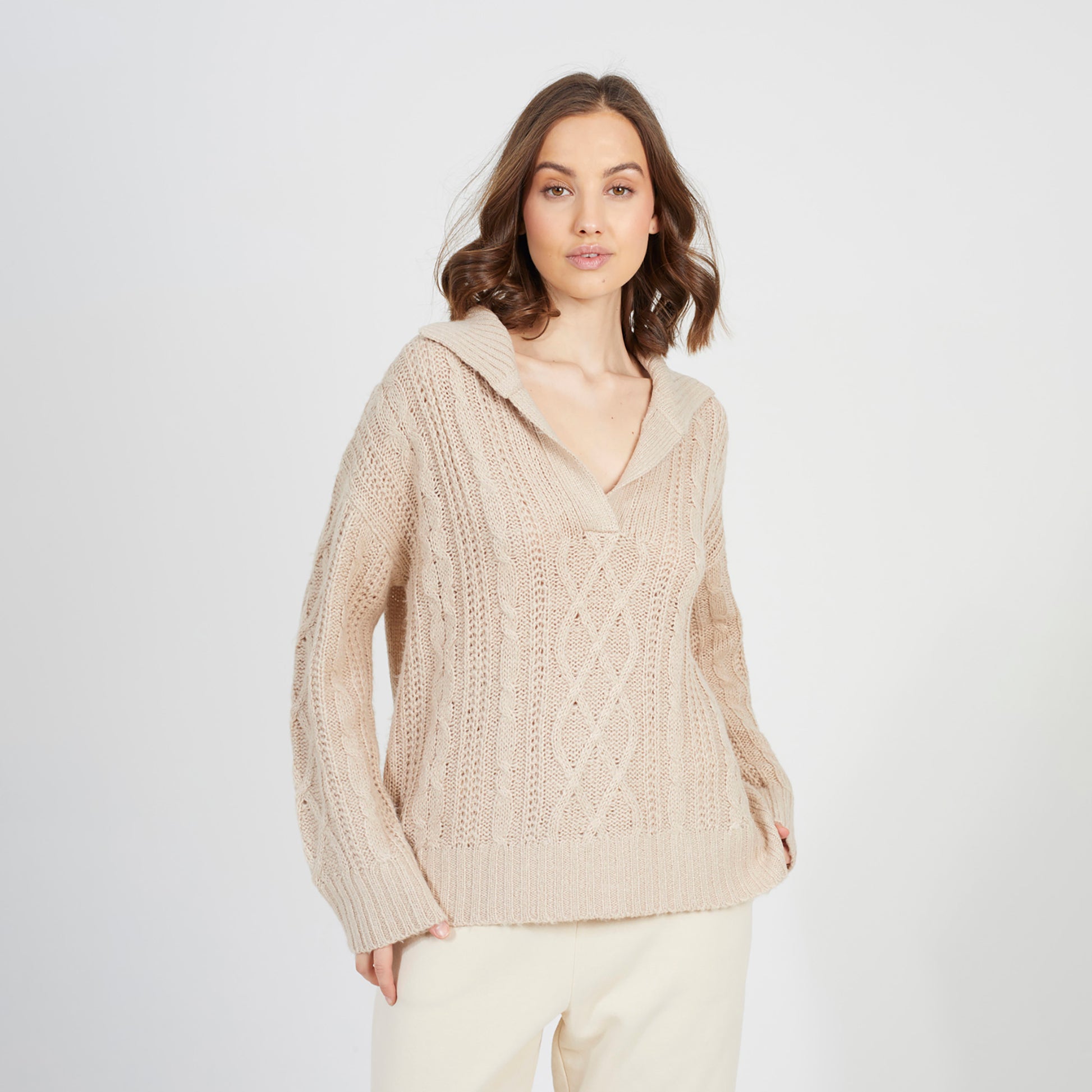 Brave Soul Stone V-Neck Cable Knit Jumper - Stone Image 1