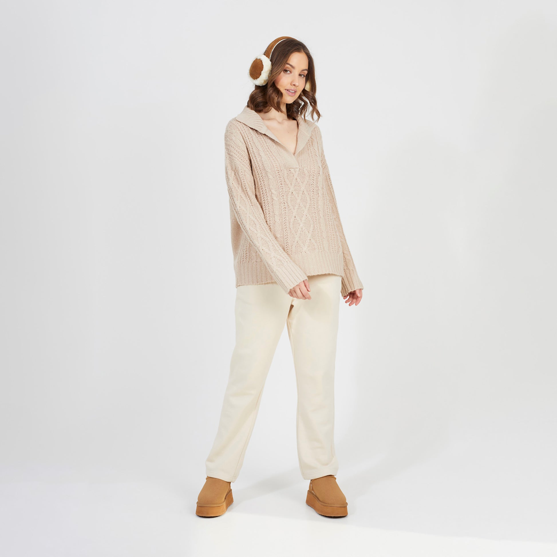 Brave Soul Stone V-Neck Cable Knit Jumper - Stone Image 3