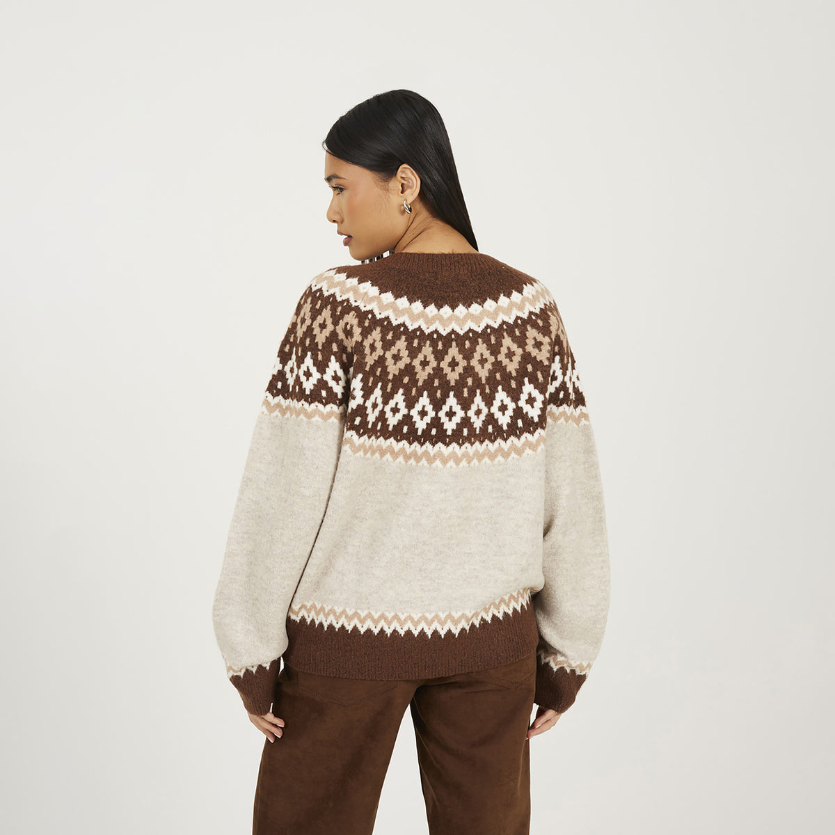 Brave Soul Taupe Crew Neck Fairisle Jumper - Taupe Image 2