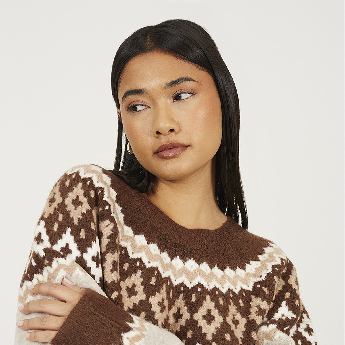 Brave Soul Taupe Crew Neck Fairisle Jumper - Taupe Image 4