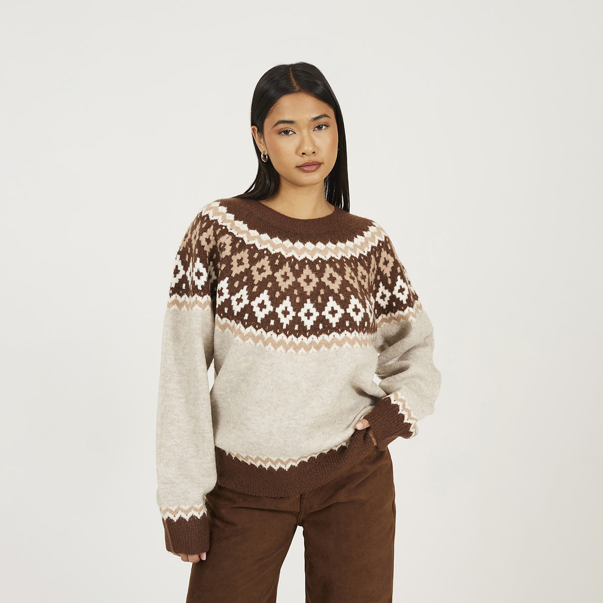 Brave Soul Taupe Crew Neck Fairisle Jumper - Taupe Image 1