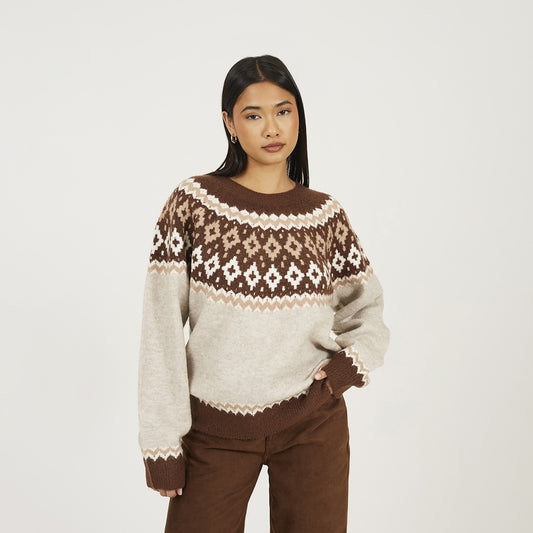 Brave Soul Taupe Crew Neck Fairisle Jumper - Taupe Image 1