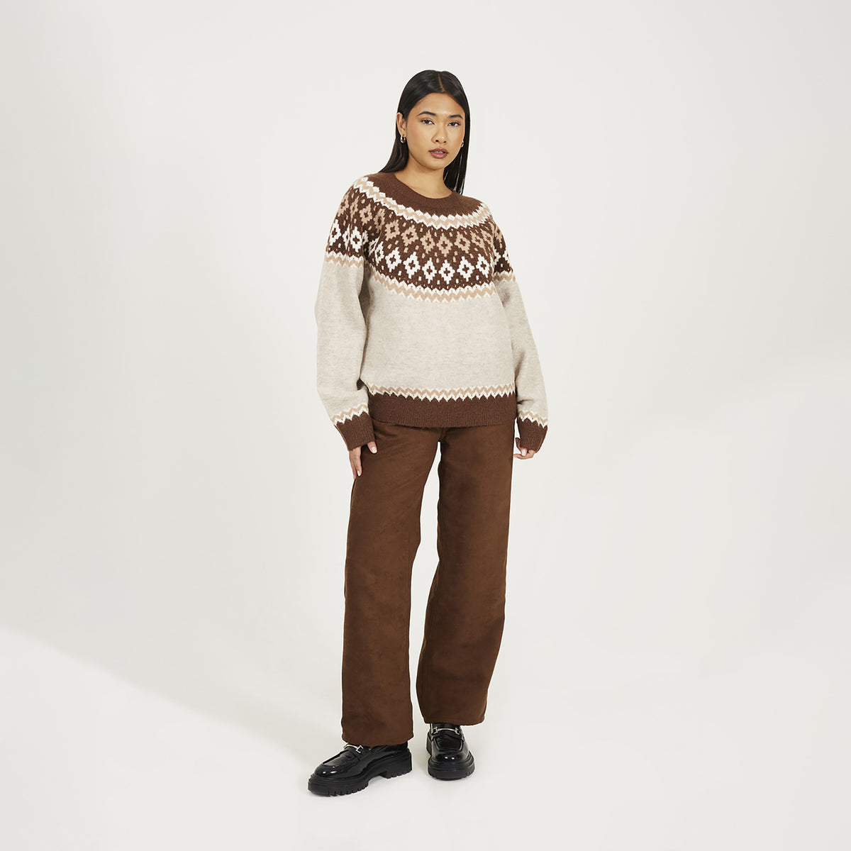 Brave Soul Taupe Crew Neck Fairisle Jumper - Taupe Image 3