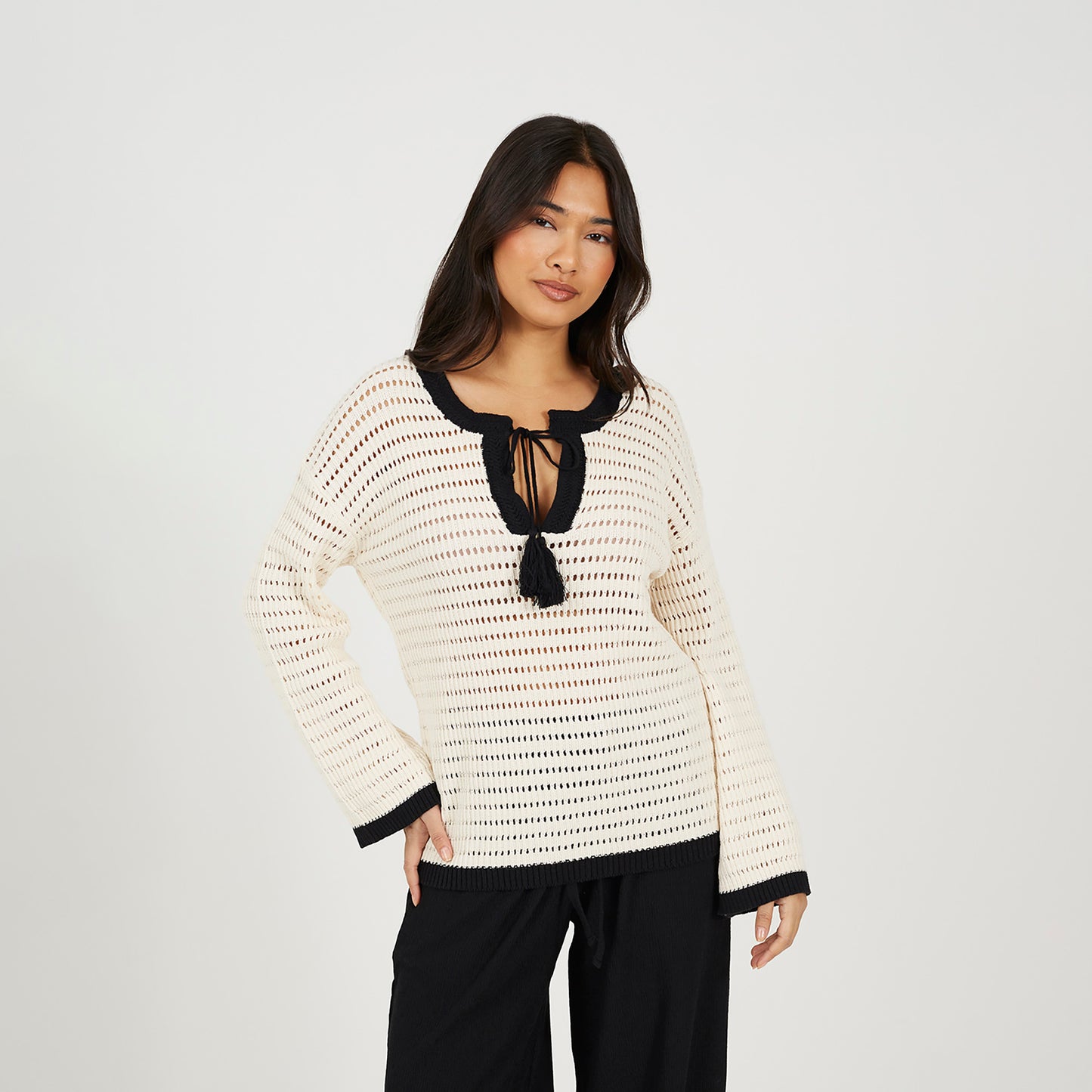 Brave Soul Cream Loose Knit V-Neck Jumper - Cream Image 1