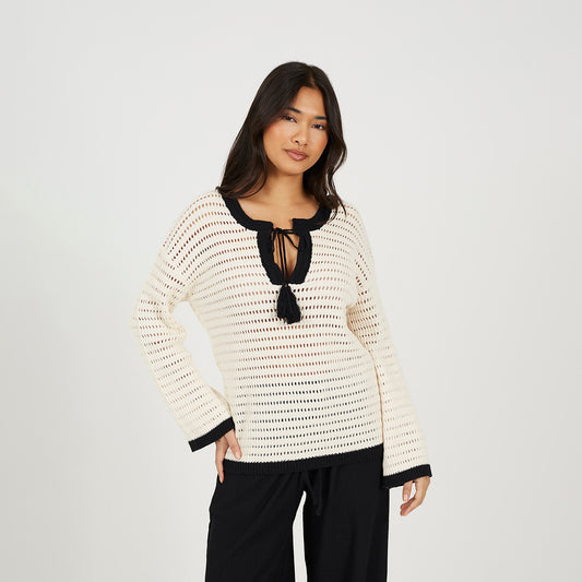 Brave Soul Cream Loose Knit V-Neck Jumper - Cream Image 1
